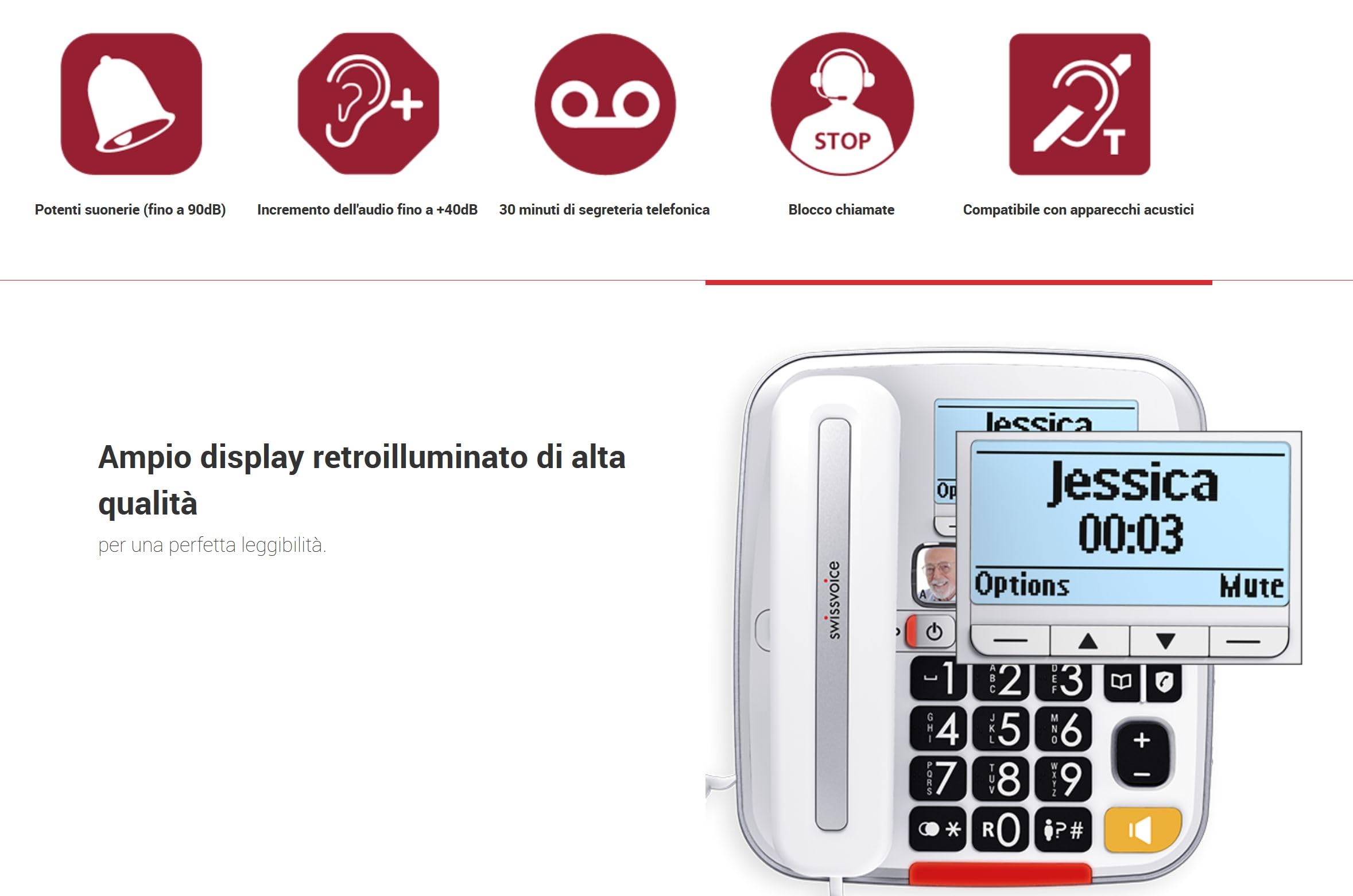 Swissvoice Telefono Combo per Anziani Cordless + Fisso Amplificato Suoneria Forte Volume Alto Vivavoce Tasti Grandi Parlanti Call Blocker Black List Blocco Chiamate Segreteria Apparecchi Acustici HAC