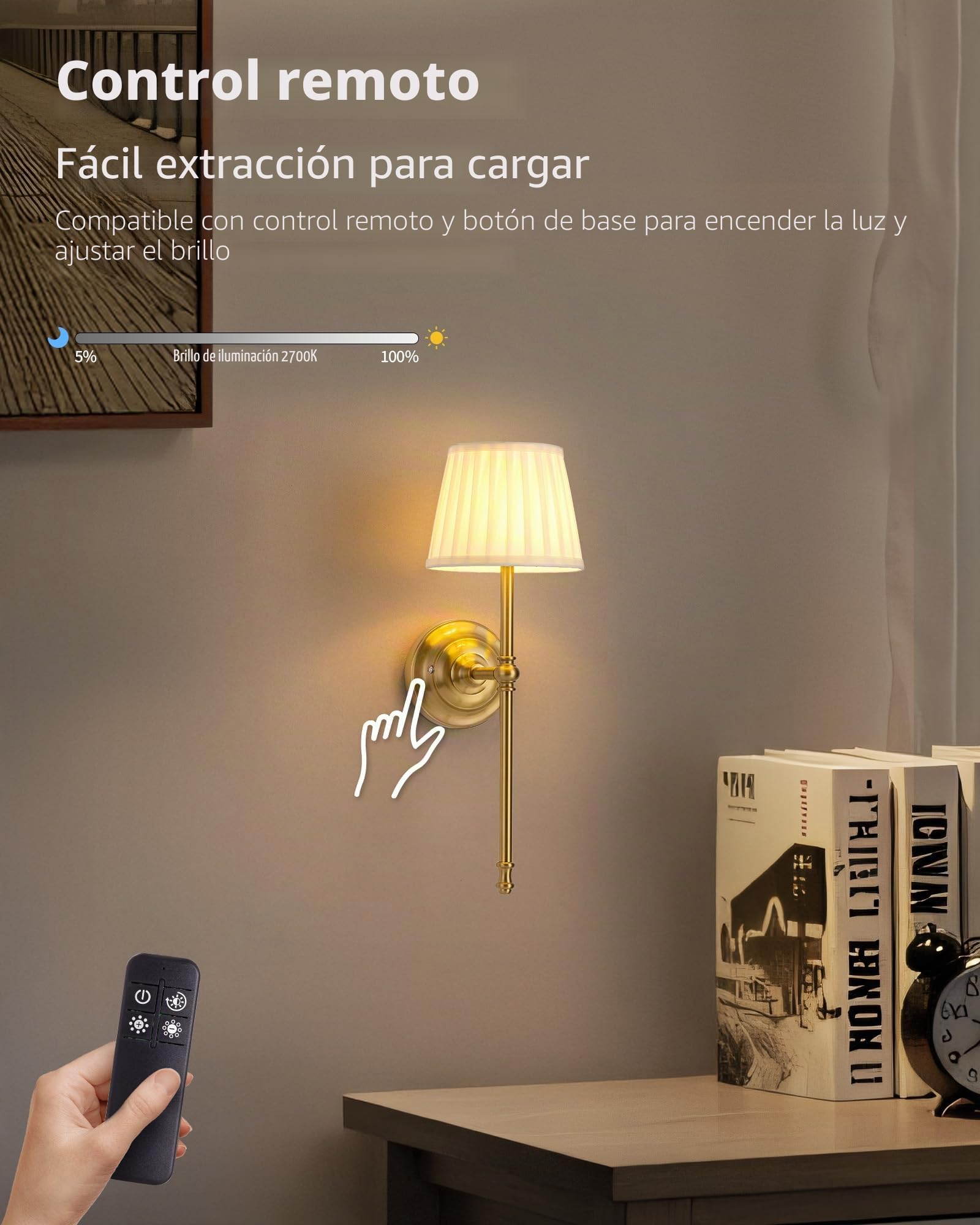 Apliques de pared recargables, 2,LED de tela con batería, iluminación regulable con 5200 mAh y mando a distancia inalámbrico para salón, dormitorio, pasillo (dorado)