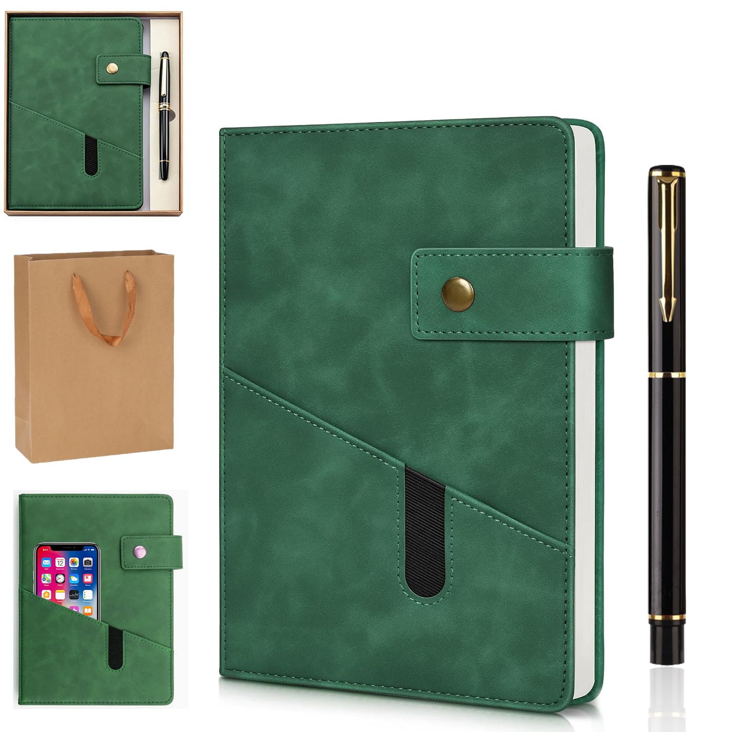 DomoJoy Journal a5 Notebook and Pen Set, 200 Page, Dark Gold Leather Journals for Women Men, With a Gift Box and Bag, Notepad for Work, Diary, Travel, Study, Reading (Forest Green)