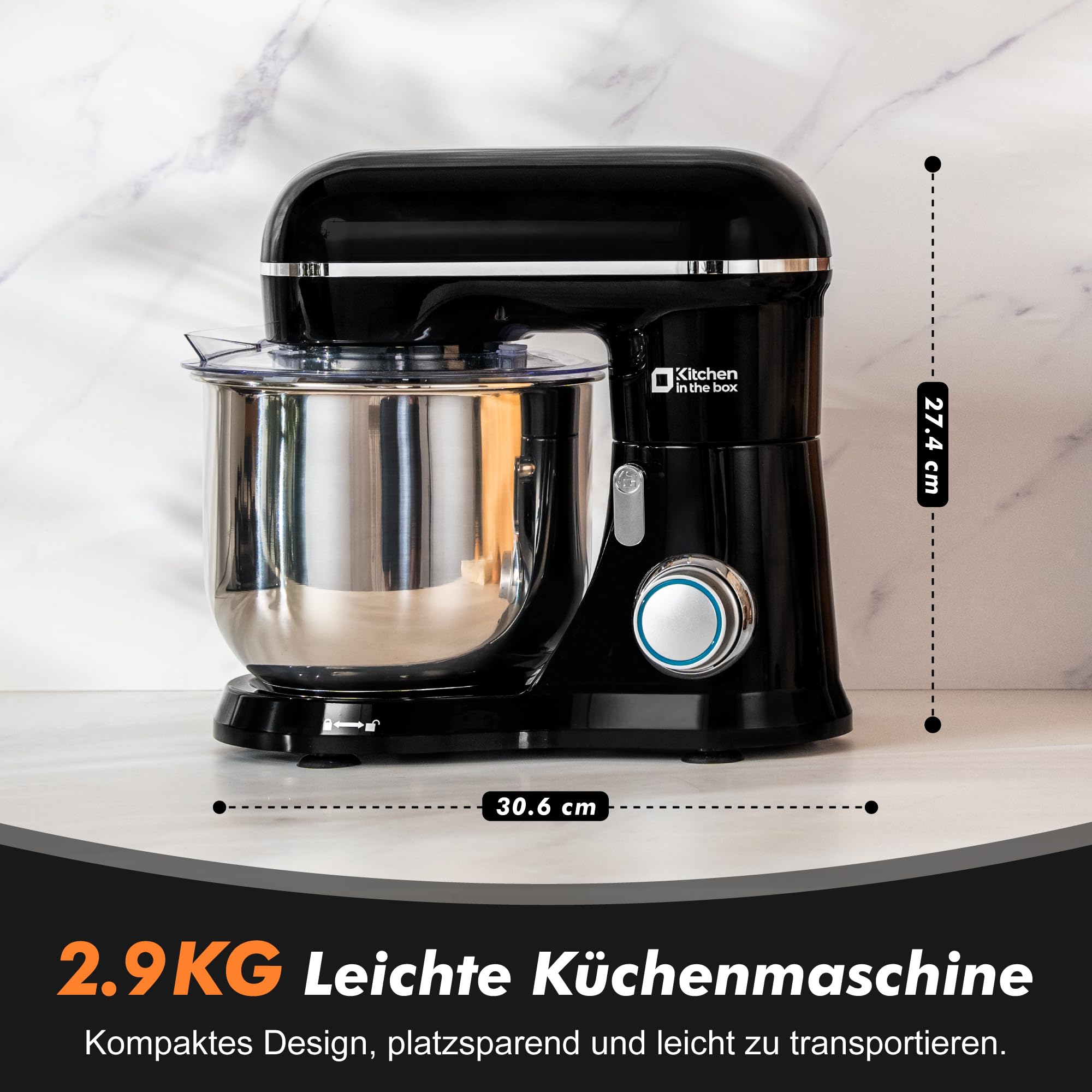 Kitchen in the box Kompakte Küchenmaschine 3,5 L, Rührmaschine & Knetmaschine mit 10 Geschwindigkeiten, Leichte Teigmaschine mit Knethaken, Rührhaken & Schneebesen, ideal für kleine Küchen,Schwarz