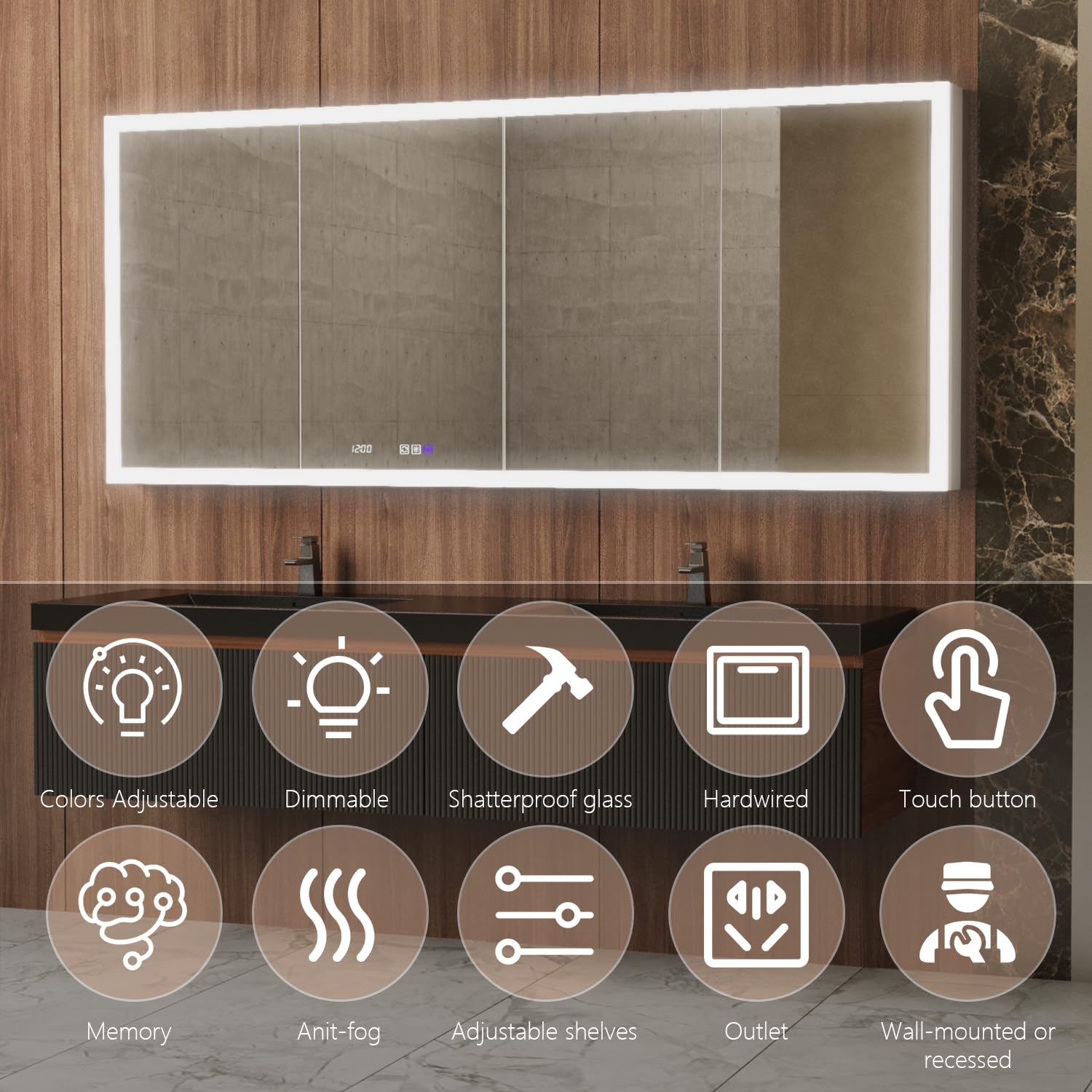 Botiquín inteligente iluminado con espejo, colores regulables continuos, bisagras de 110°, antivaho, luz de sensor, salida de 1800 W y USB, acabado de aluminio cepillado