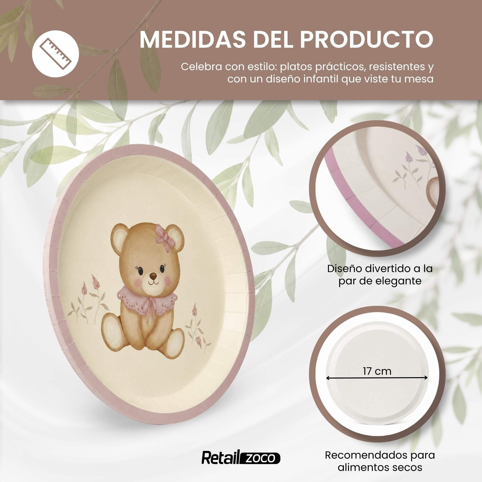 Platos de cartón, Platos Desechables cartón, Diseño Oso Rosa, 12 Unidades - imagen 4