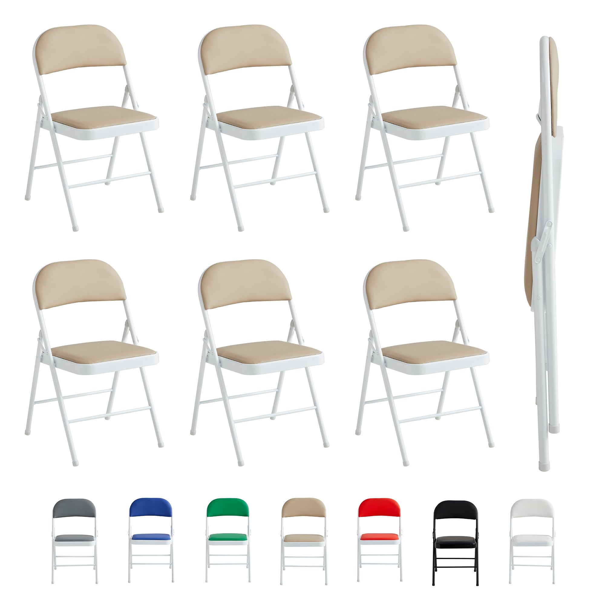 McC Direct Lot de 6 chaises pliantes en cuir synthétique, cadre en métal et siège rembourré, facile à plier et à ranger pour la maison, le bureau, la salle à manger et la réception (beige)