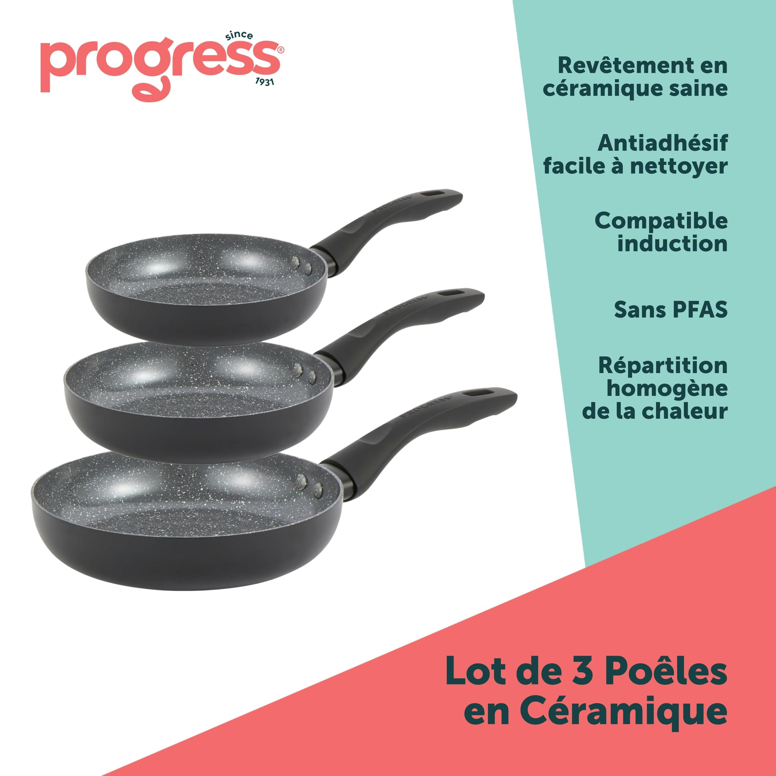 PROGRESS COMBO-8961 Lot de 3 poêles à frire en céramique marbrée 20/24/28 cm, revêtement anti-adhésif en céramique saine, poêles à omelette/œufs, sans PFAS, compatibles avec plaques à induction,