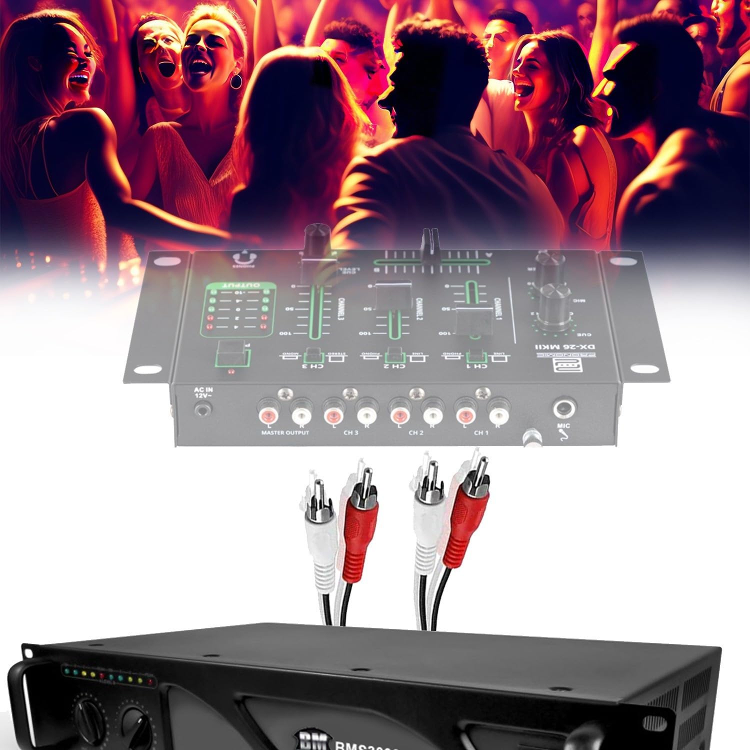 BM Sonic BMS-3000-3000W Ampli puissance PRO DJ Technologie MOSFET ventilation continue Câble RCA/RCA
