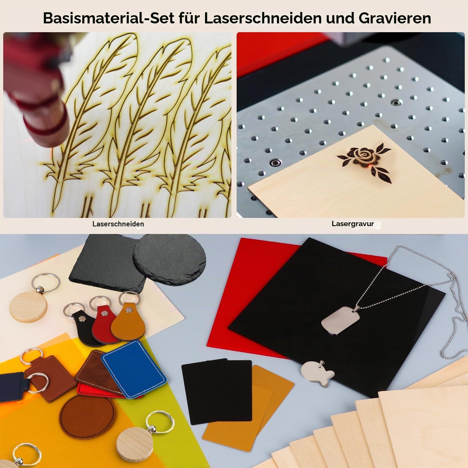 Adrattnay Lasermaterial-Erkundungs-Set, 170-teiliges Lasergravurzubehör zum Basteln, 17 Arten von Rohlingen, einschließlich Lindenholz, Birke, Acryl, Leder, Metall für Graviermaschine