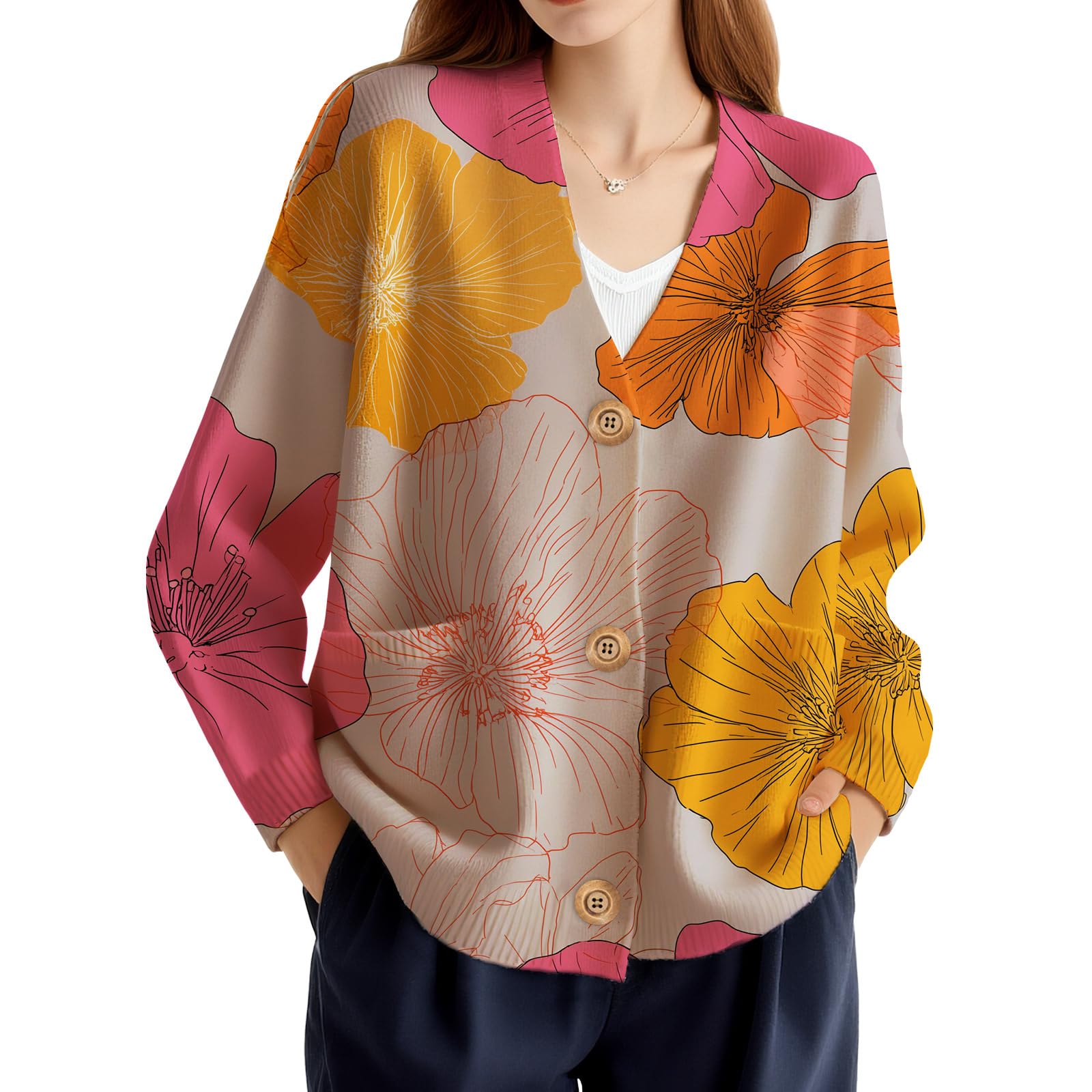 Womens Boho Floral Graphic Print Long Sleeve V Neck Knit Cardigan Sweaters Button Down Warm Fall Winter Sweater 2025