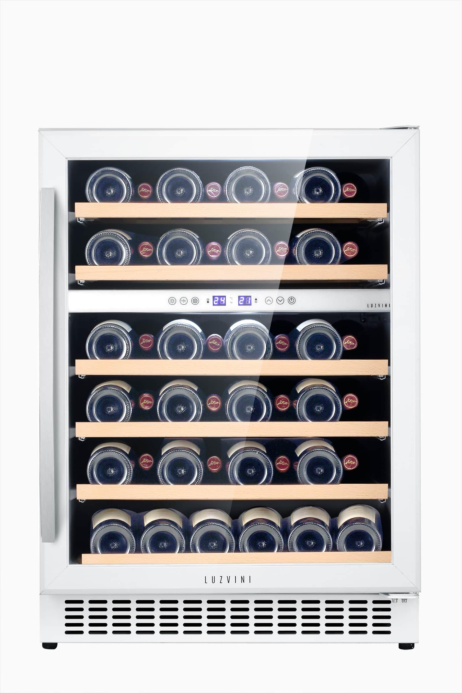 LV45W Weißer Einbau-Weinklimaschrank - Weinkühlschrank mit 2 Zonen - 45 Flaschen, geringer Energieverbrauch 116 kWh, Kompressorkühlung und 6 ausschiebbare Auflageflächen aus Buchenholz