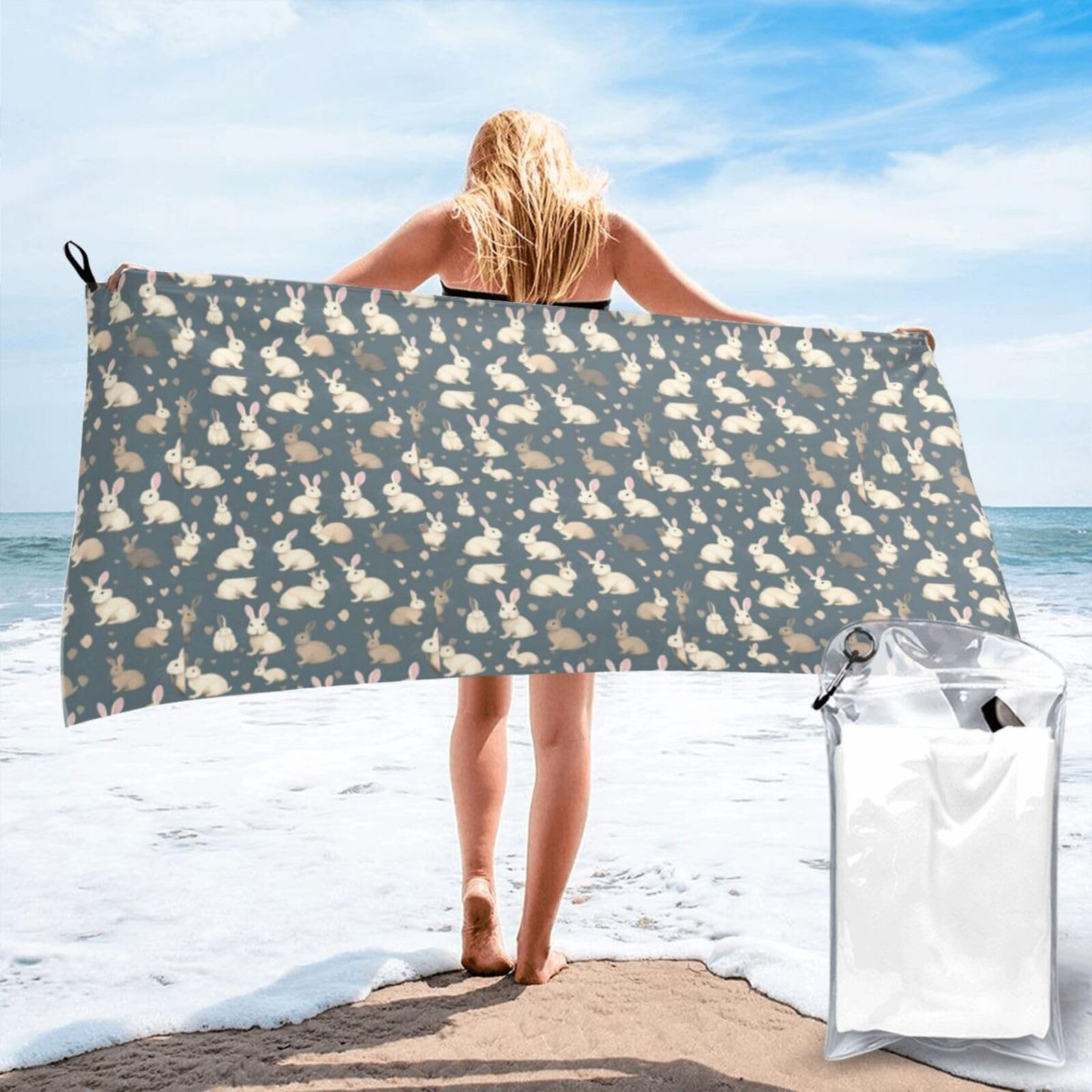 Nimongt Men's White Rabbit Background Print Adult Towel Travel Gym Beach Hiking Yoga Camping Lightweight Quick Dry Versatile
