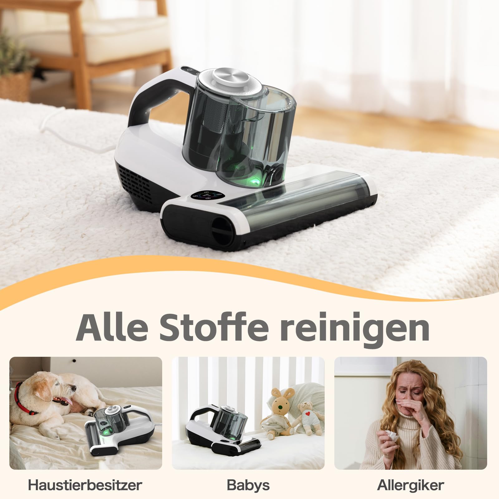 Dibea Handstaubsauger 18Kpa Milbensauger 450W Staubmilben-Sensor LED-Anzeige 60℃ Heißer Wind