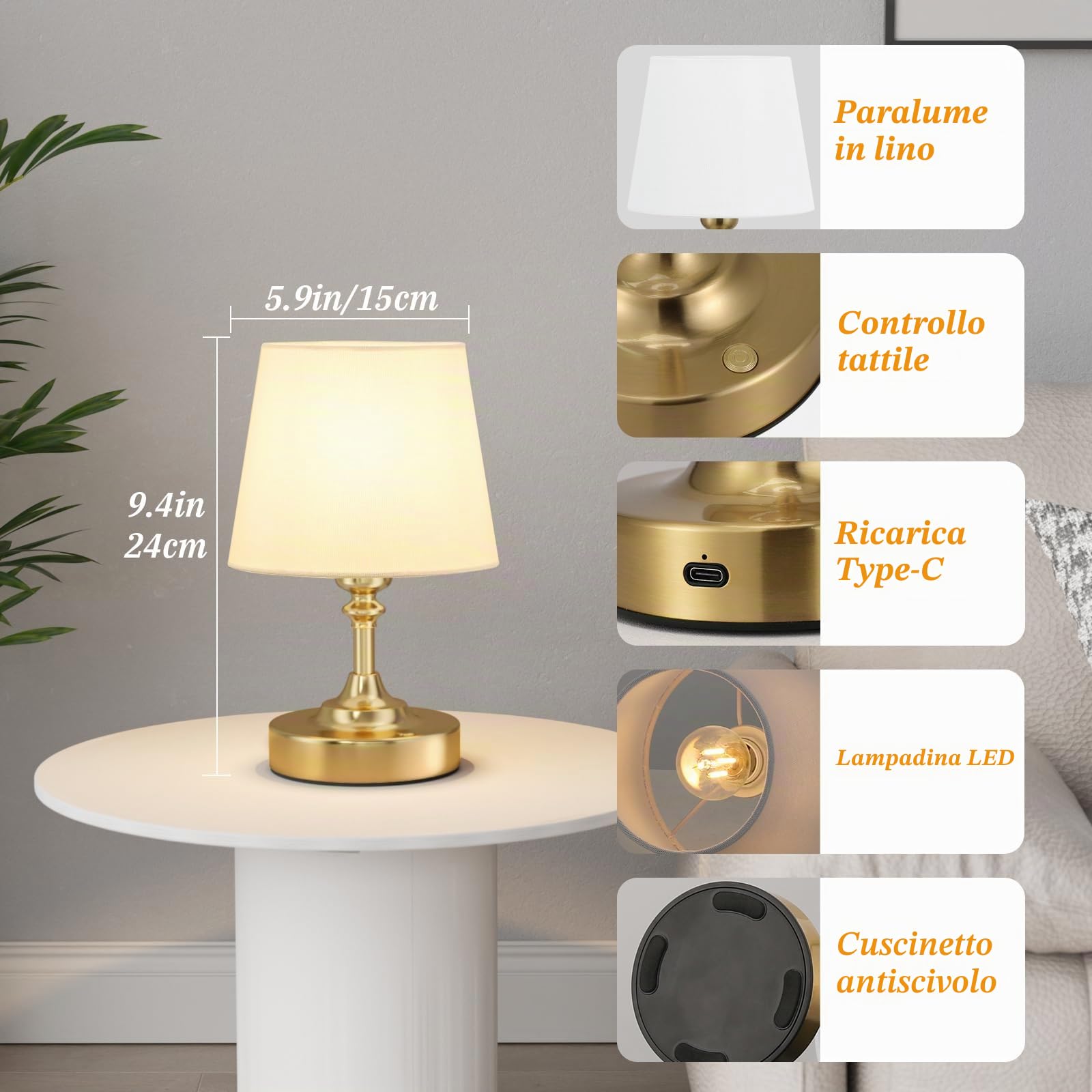 Piccolo Lampada da Tavolo LED Senza Fili, Batteria Ricaricabile, Dimmerabile, Paralume in Lino Bianco, Lampada da Comodino LED per Camera da letto, Sala da Pranzo, Soggiorno, Deco(Ottone)