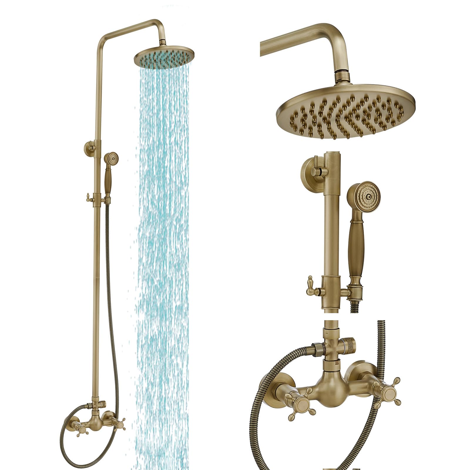 Bathroom Outdoor Shower Fixture System, High Pressure Rainfall Shower, Double Knobs Cross Handle Shower, Wall Mounted, Antique Brass