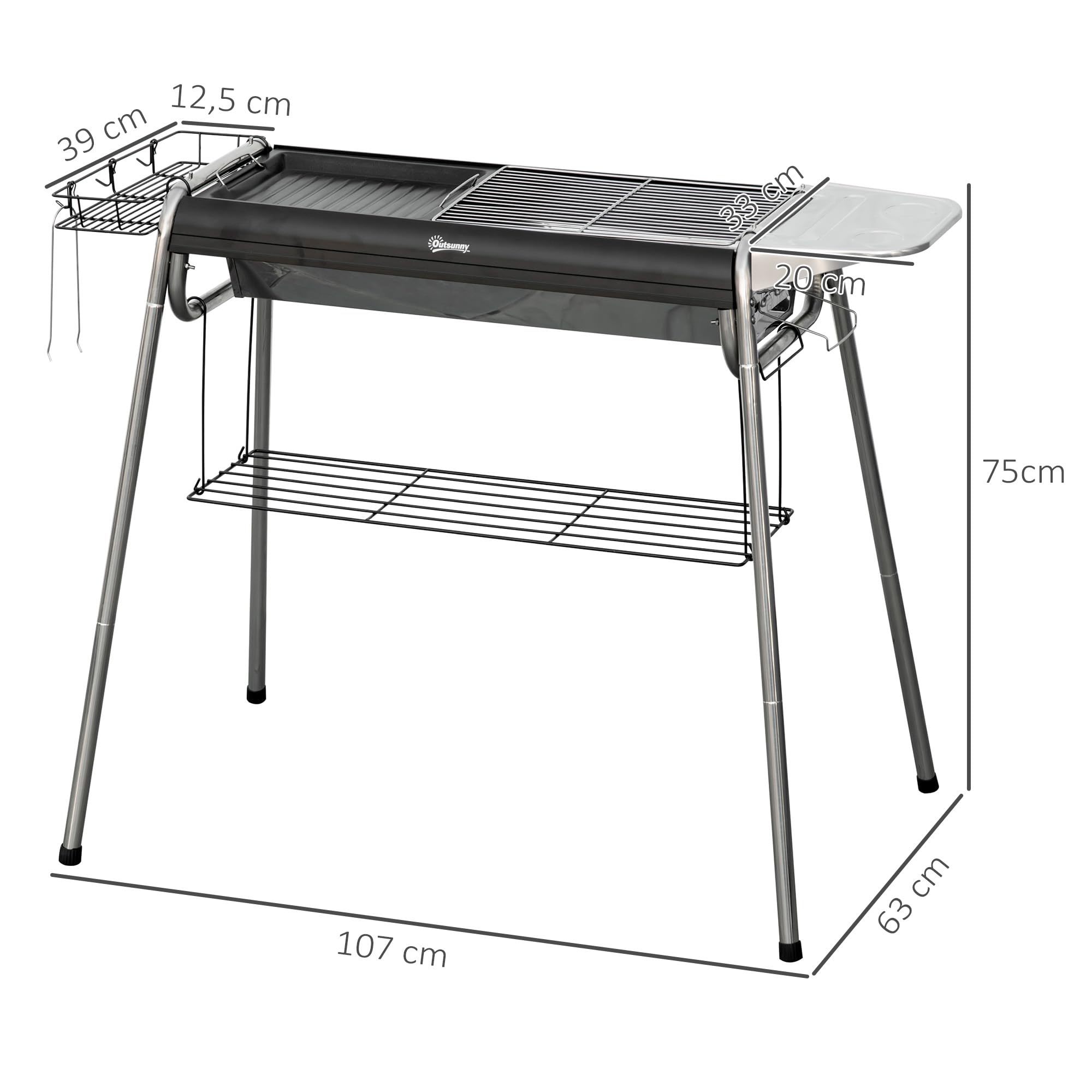Outsunny Barbacoa de Carbón Barbacoa Portátil con Parrilla de Acero Inoxidable Bandeja Especiero y Estante de Almacenamiento para Jardín Camping 107x63x75 cm Negro
