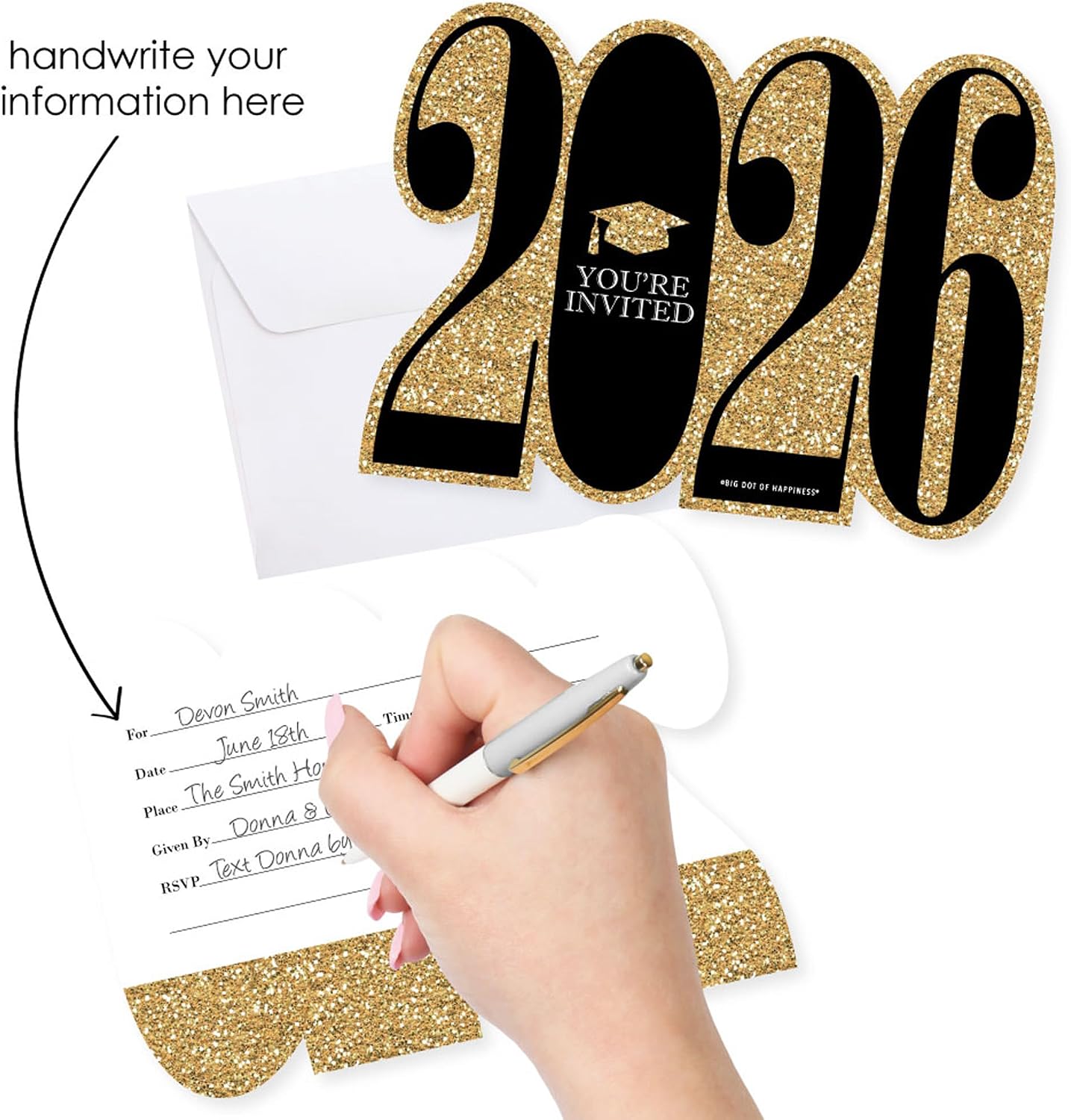 Big Dot of Happiness Gold 2026 Graduation Party Invitations - Shaped Fill-In Invite Cards with Envelopes - Set of 12