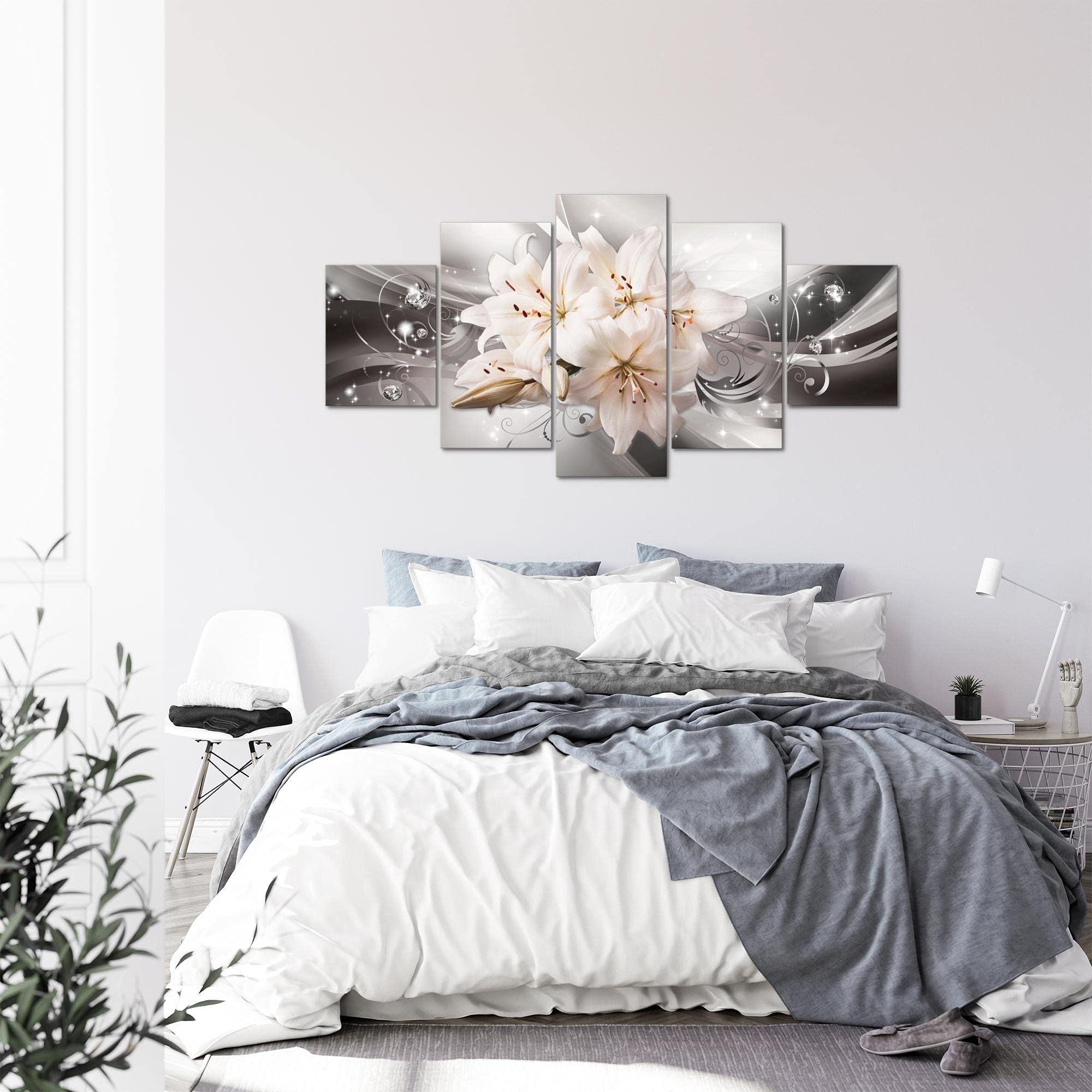 Runa Art - Quadri Fiori Gigli 200 x 100 cm 5 Pezzi XXL Decorazione Murale Design Grigio Beige 020151c
