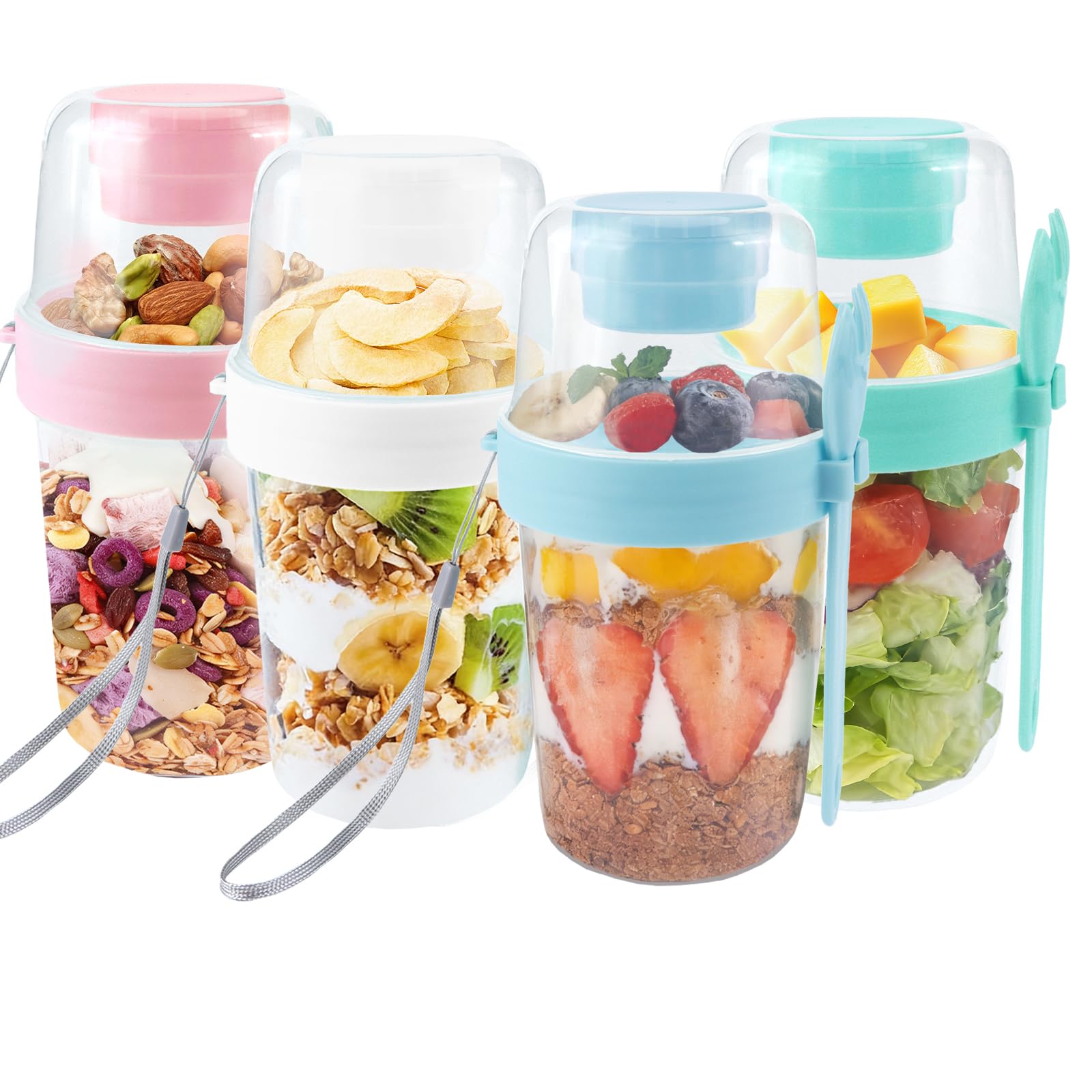 4 tazze per muesli, yogurt, insalata, con coperchio e cucchiaini, tazze per muesli da portare al lavoro o a scuola