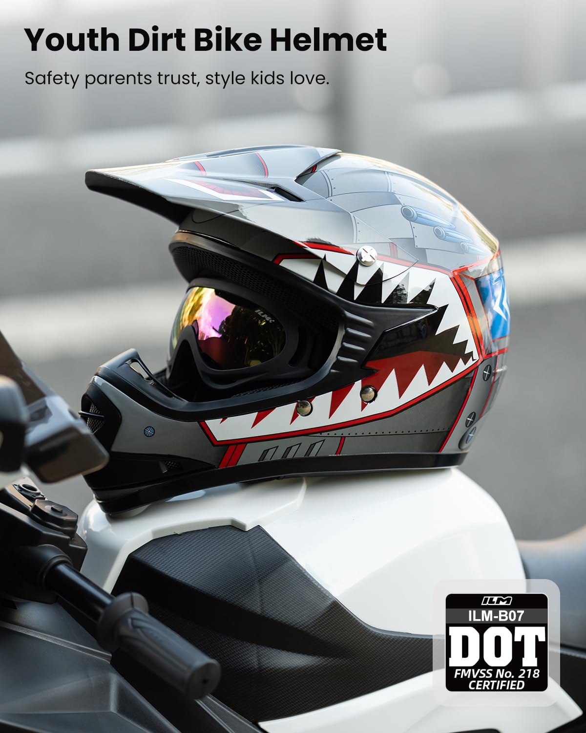 ilm youth kids atv motocross helmet goggles sports gloves dirt bike motorcycle off road dot approved b07(youth-l, shark gray) youth-l shark gray