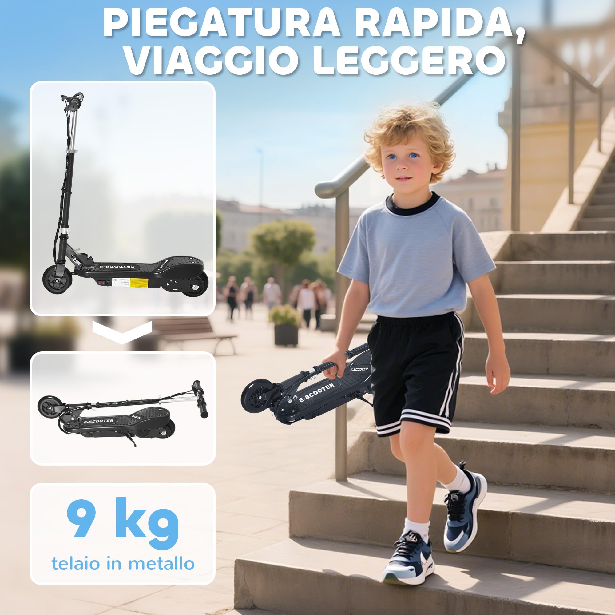 HOMCOM Monopattino Elettrico per Bambini Pieghevole 120W, Altezza Regolabile, Scooter per Bambini con Ruote in PU, Freno Posteriore, Velocità Max 12km/h e Portata 50kg, 7-14 Anni, 74x36x69-91 cm, Nero