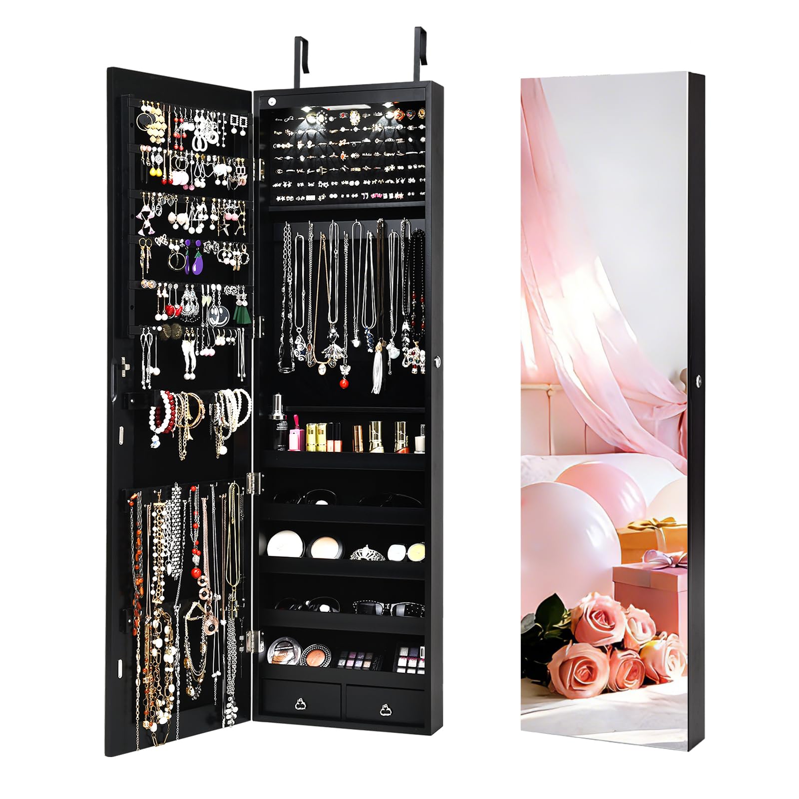 NAFORT 2 LEDs Jewelry Armoire with Full Length Mirror, 47.5" H Wall or Door Mounted Jewelry Cabinet with 2 Drawers, Lockable Jewelry Organizers and Storage, Hanging Jewelry Organizer, Black