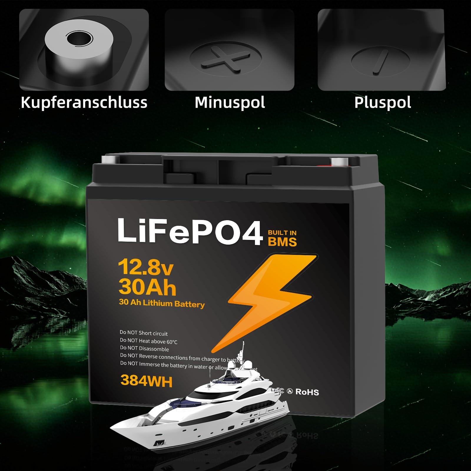 12.8V 30Ah LiFePO4 Batterie, für Wohnmobil, Wohnwagen, Boot