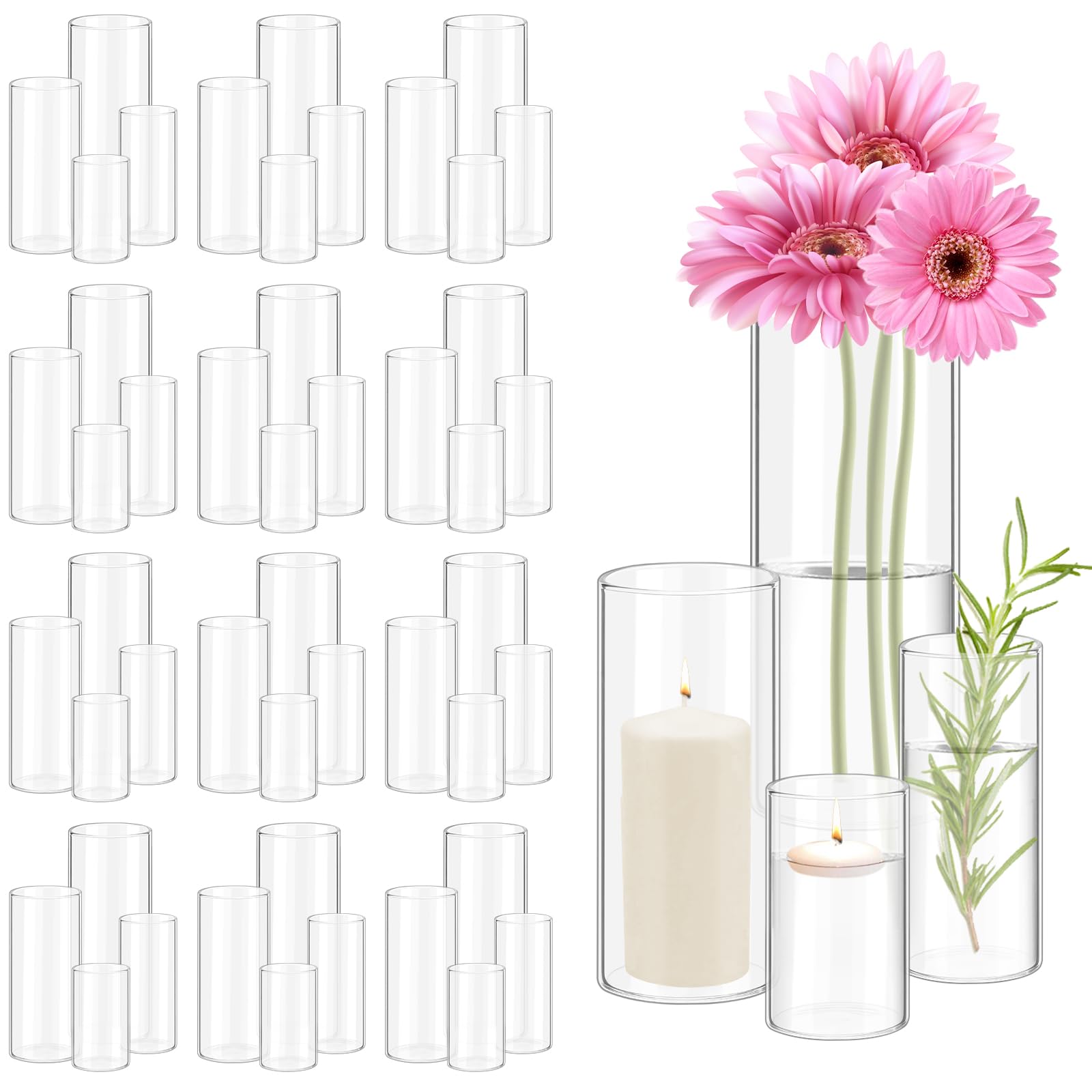 48 jarrones cilíndricos de vidrio de 4, 6, 8, 10 pulgadas, portavelas de huracán, a granel, 4 tamaños diferentes, jarrones transparentes altos para centros de mesa de boda, jarrón de flores de cristal