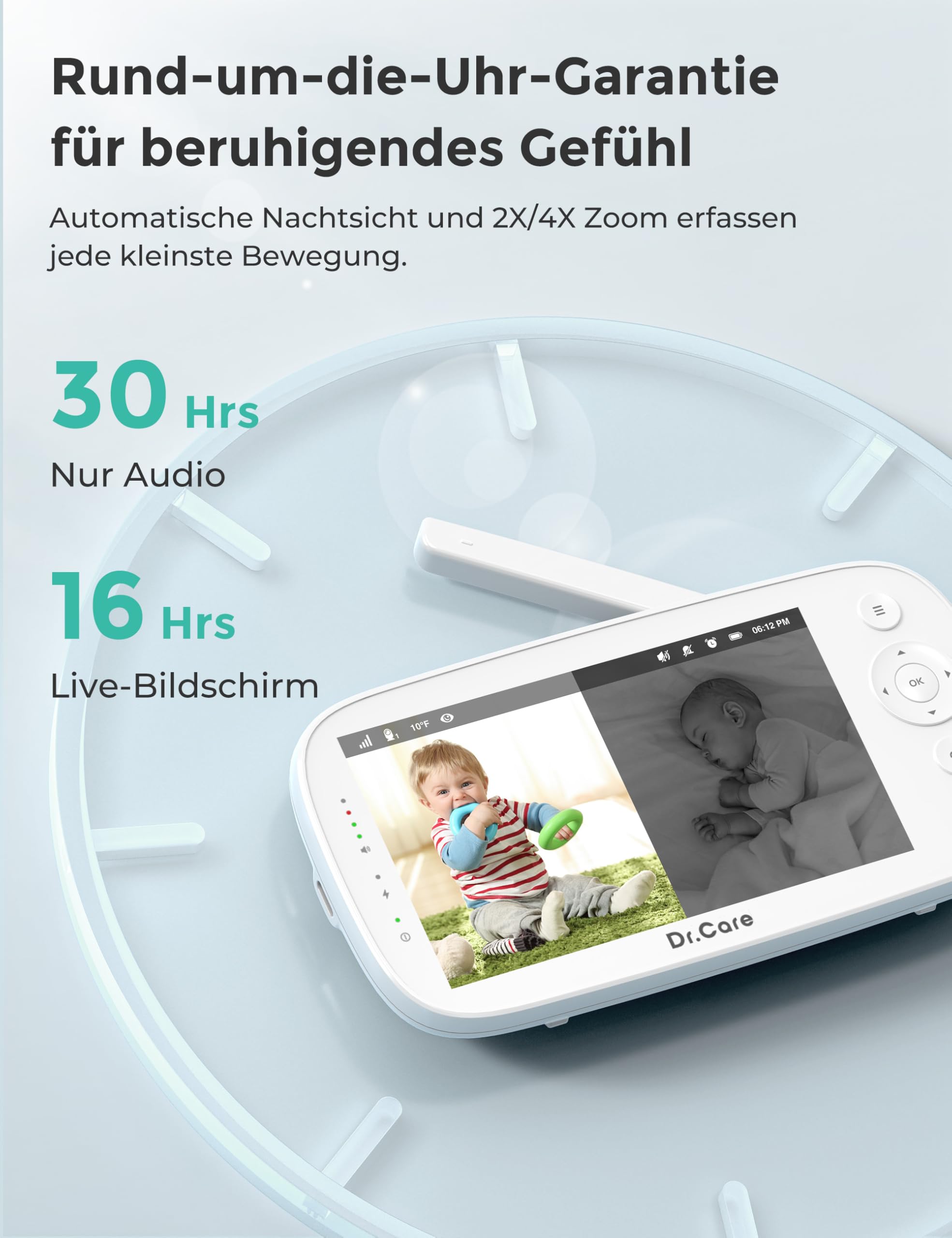Dr.Care NovaView Video-Babyphone mit 2 Kameras – 5" 1080P Split-Screen Display, 5000mAh Akku, Nachtsicht, Echtzeit/VOX, 2X/4X Zoom, Schwenk & Neigung, 300m Reichweite, 2-Wege-Audio, ohne WLAN