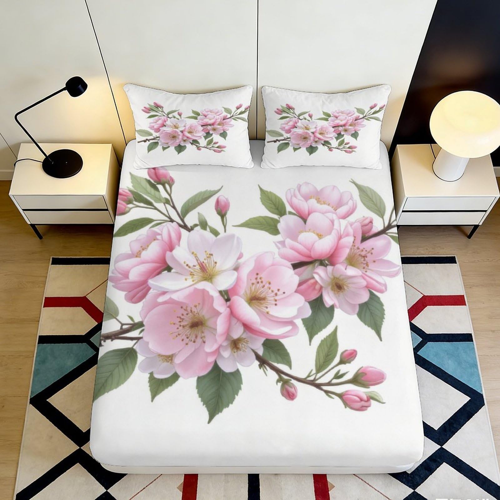 Uynsixtme Style-2 3D Printed Sakura Fitted Sheet Microfiber Anti-Slip Deep Pocket Sakura Mattress Fitted Cover Bedroom Bedding Adult 90X200x25cm