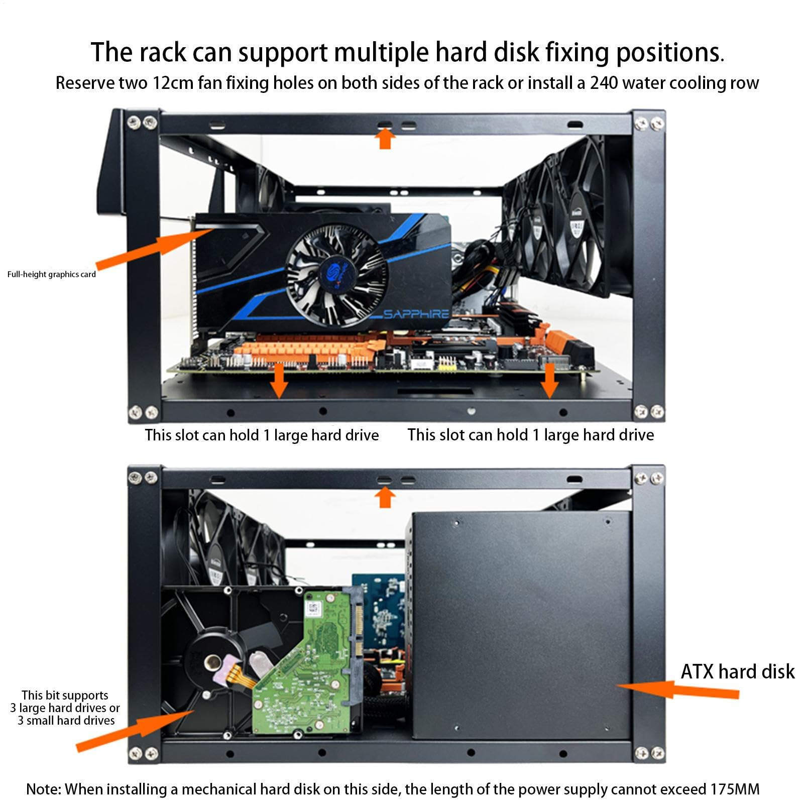 Custodia per PC aperta E03 - Custodia impilabile con doppia EATX, compatibile con montaggio orizzontale verticale | Chassis da gioco compatto con rack di raffreddamento ad acqua da 360 mm, tela