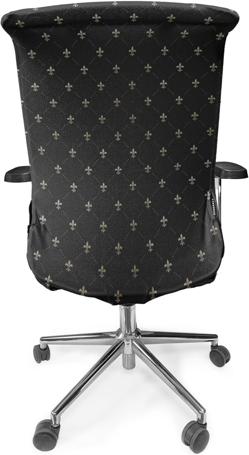 Ambesonne Fleur De Lis Office Chair Cover, Victorian Fashion with Lily Flower European Historical Baroque, Stretchable Decorative Universal Size High Back Printed Slipcover, Charcoal Grey and Beige