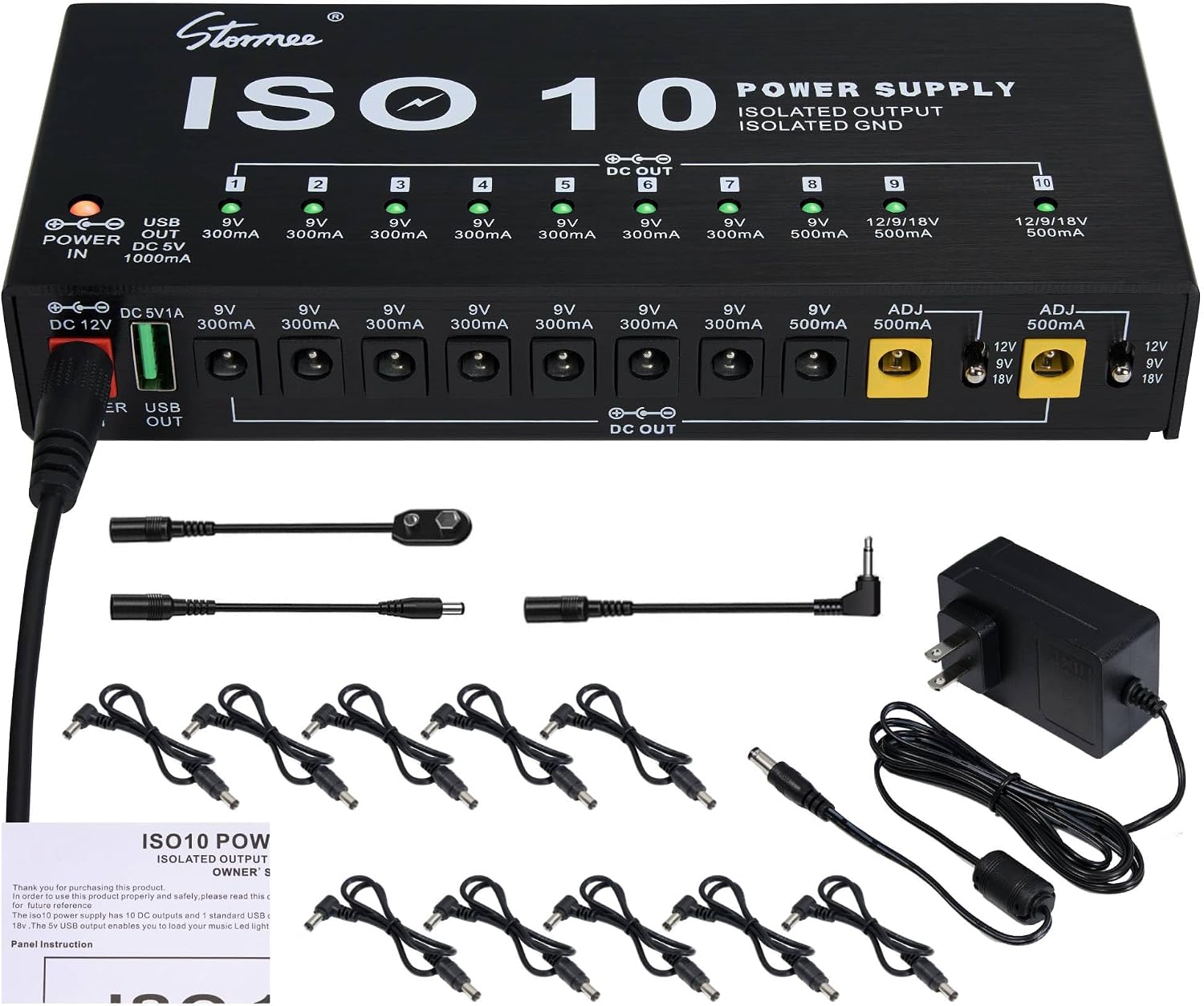 Stormee SP-2 Guitar Pedal Power Supply 10 Isolated DC Output, 9V/12V/18V 300mA 500mA for Effect Pedals, with USB Port, Short Circuit Overcurrent Protection