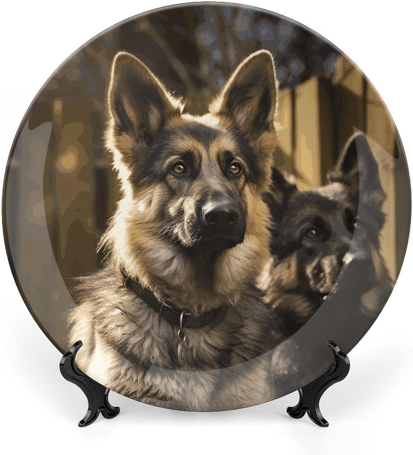 German Shepherd Bone China Decorative Plate with Display Stand, Ceramic Ornaments Plate for Wall Hanging, Personalized Porcelain Plates for Office, Living Room 10inch
