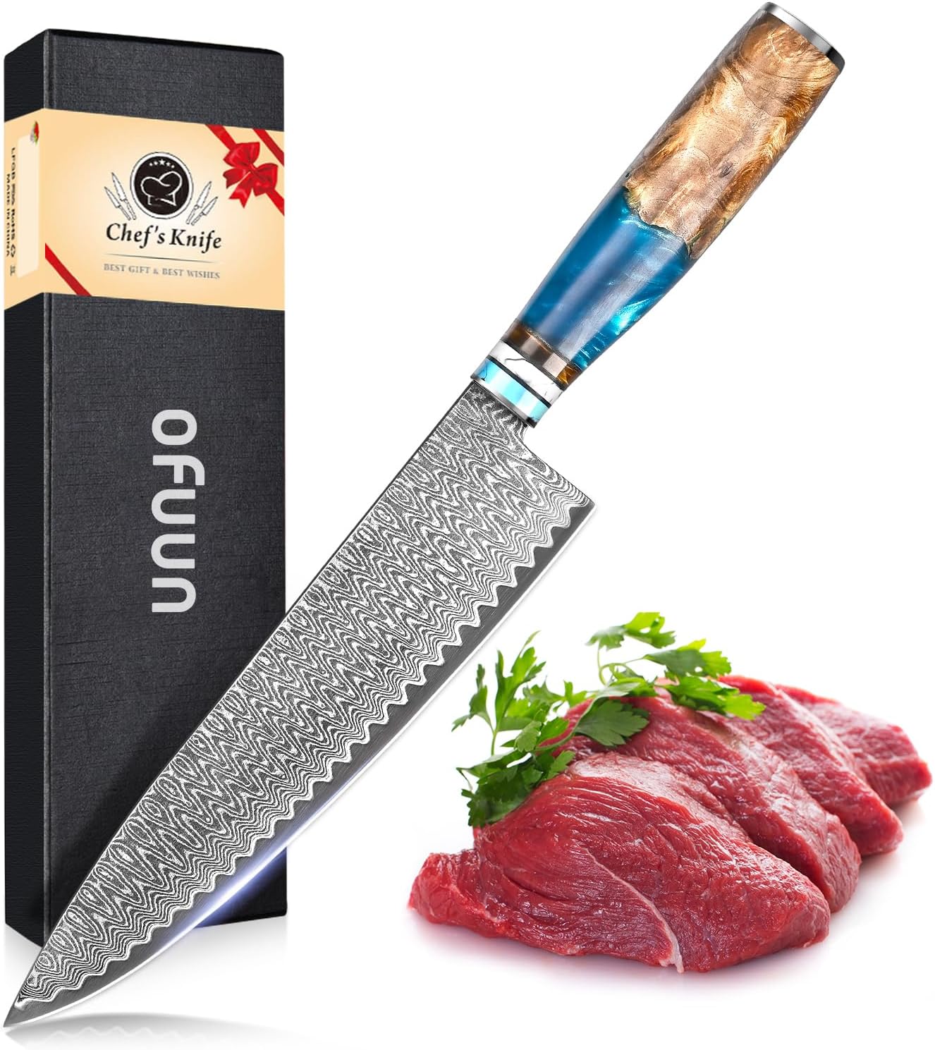 oFuun Chefs Knife 8", Professional 67 Layer Japanese VG10 Damascus Kitchen Knife, Ergonomic Blue ...