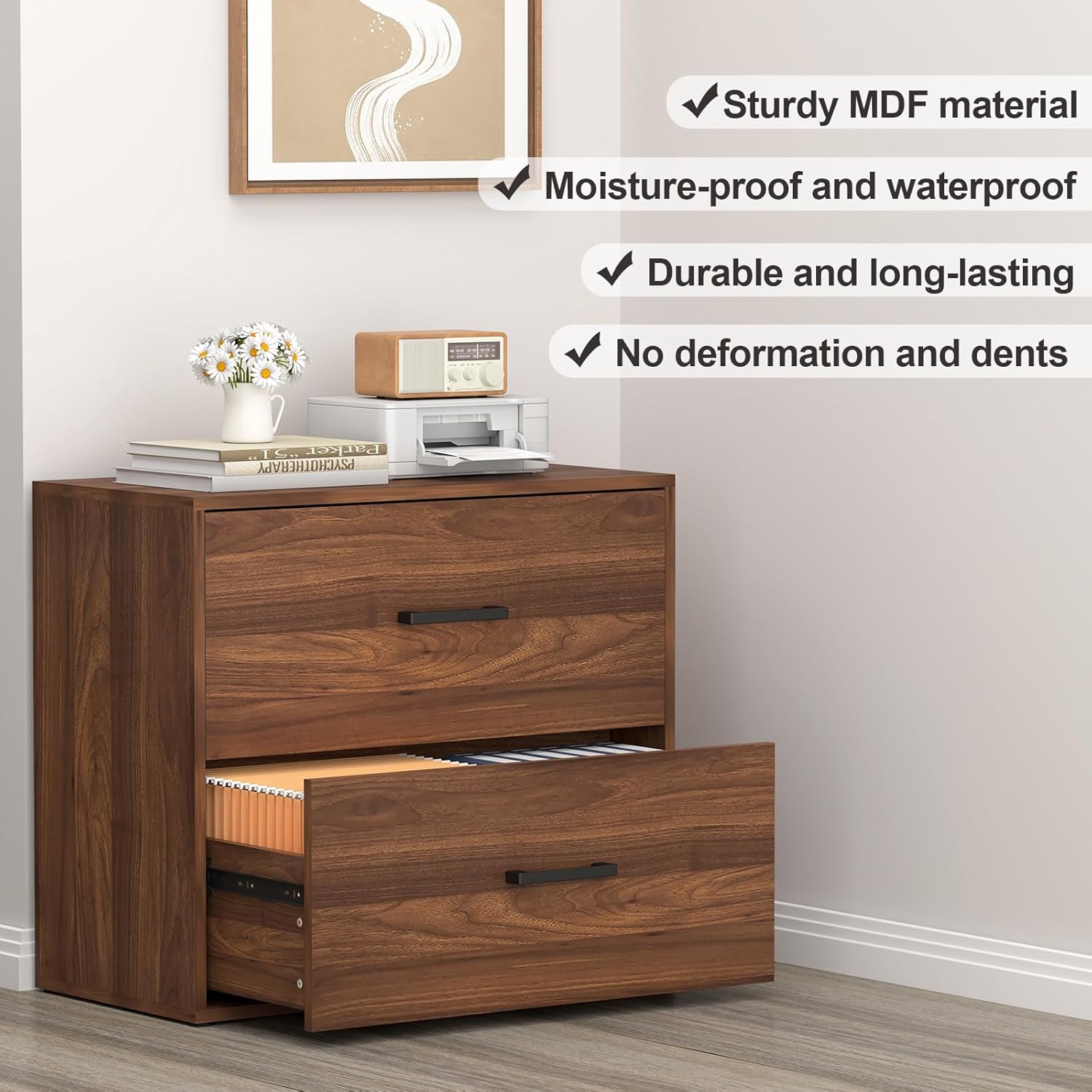 2 Drawer File Cabinet, Wood Lateral Filing Cabinets, Wide Office File Cabinet with Drawer for Hanging Files/Letter Size Printer Stand for Home Office School, Assembly Required, Walnut