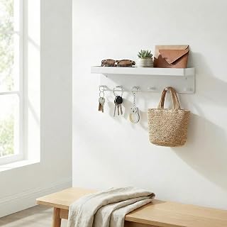 Key Holder Wall Mount, Adhesive Mail Organizer Tray with 6 Key Hooks for Wall, White, 9.65 Inch