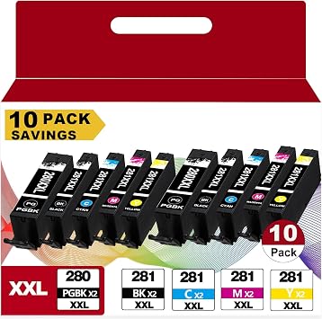 10 Pack PGI-280XXL CLI-281XXL Ink Cartridges Replacement for Canon 280 XXL 281 XXL Fit for Cannon TR8620a TR8620 TR8520 TR8600 TR7520 TS702a TS9520 TS9521C TS6120 TS6220 TS6320 TS8220 TS9120 Printers