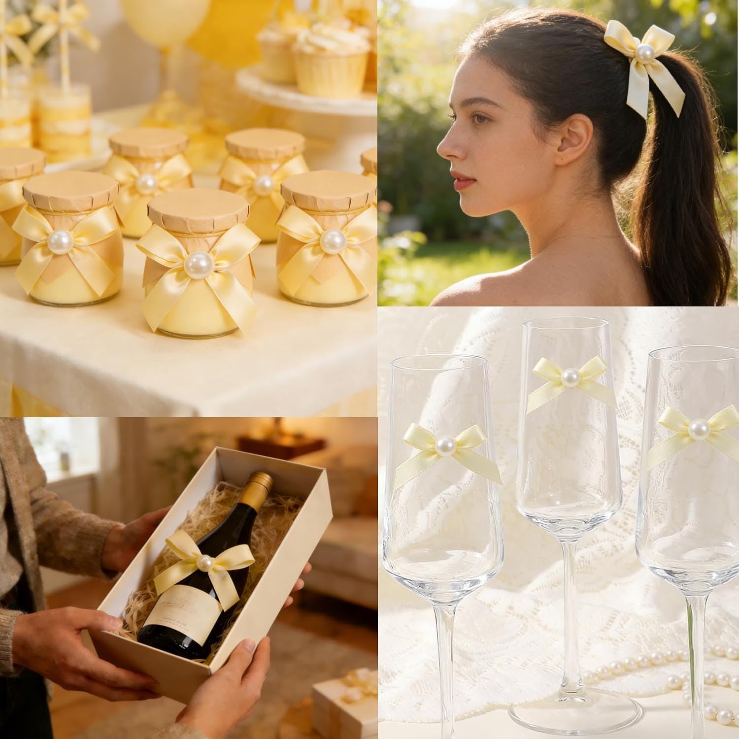 100 Pcs Mini Satin Ribbon Bows with Elastic Band, Light Yellow Small Craft Bowknots for Hair Clip Flowers Bakery Packaging Gift Wrapping Wedding Party Decoration image 5