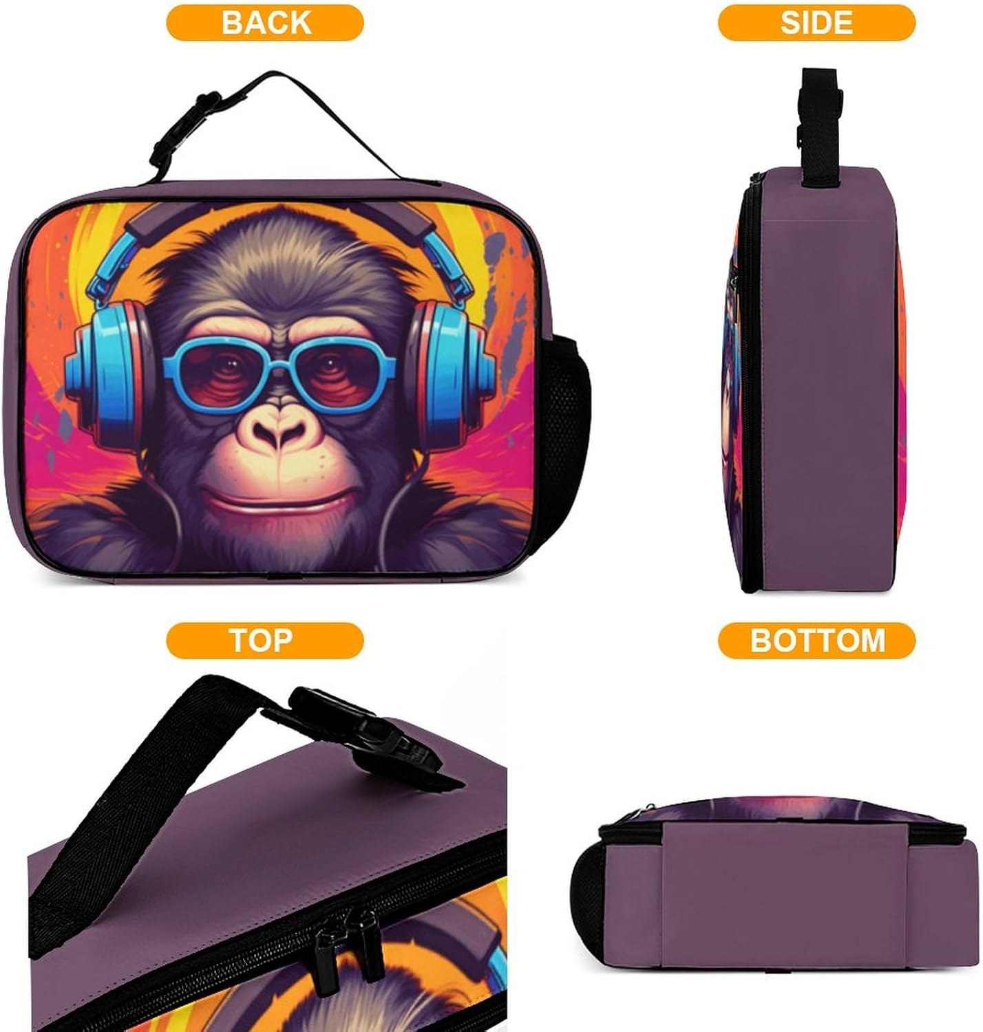 Cool Music Monkey Reusable Lunch Box Insulated Lunch Bag Cooler Bag Lunchbox Meal Food Container Tote Bag for Women Kids Girls Boy School Camping Hiking Picnic Beach Travel