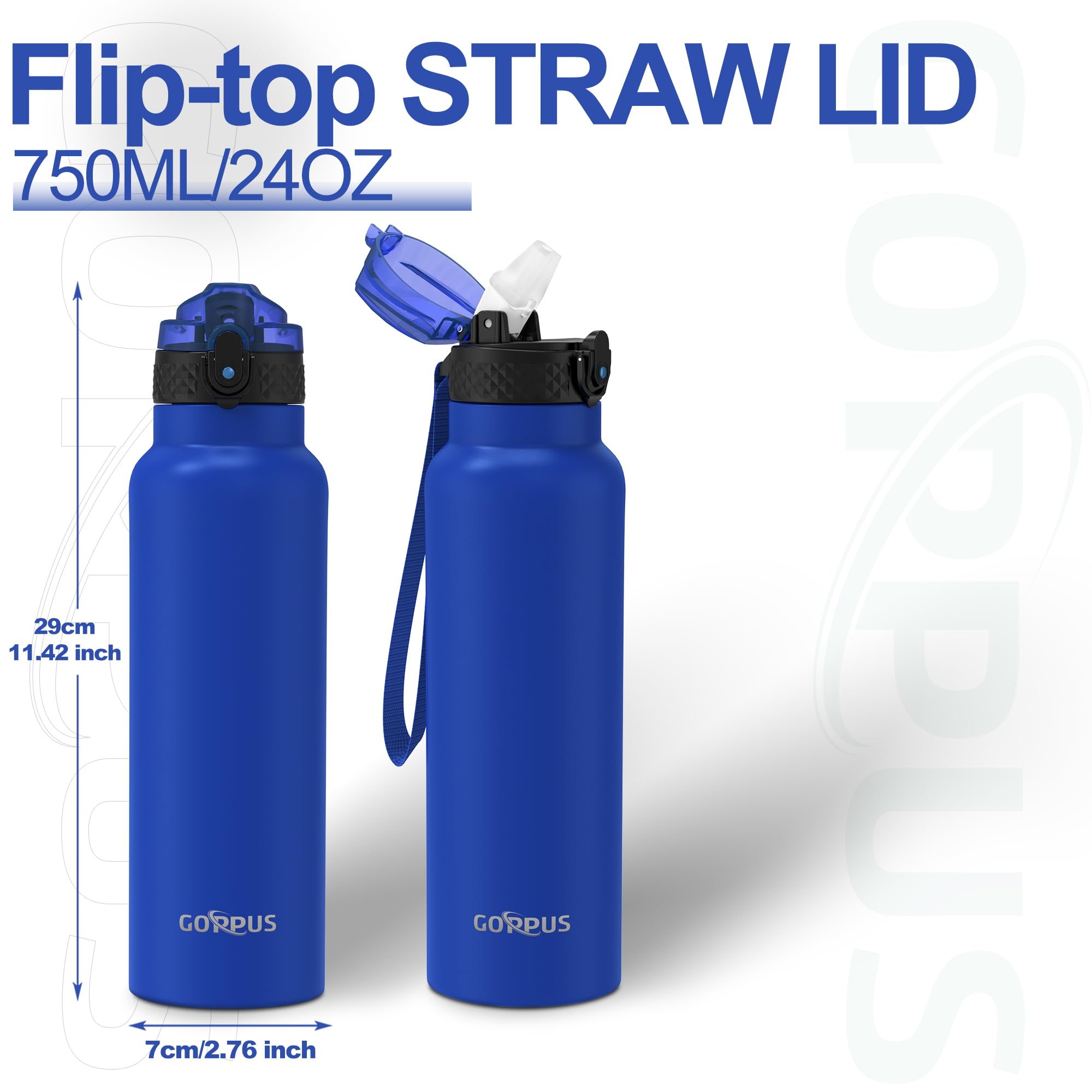GOPPUS 750ml/26oz Stainless Water Bottle with Straw Double Wall Insulated Bottles with Strap Reusable Vacuum Thermal Flask Leakproof Keep Cold Drinks Bottles with Flip Top Lid for Men Women BPA Free - Image 4