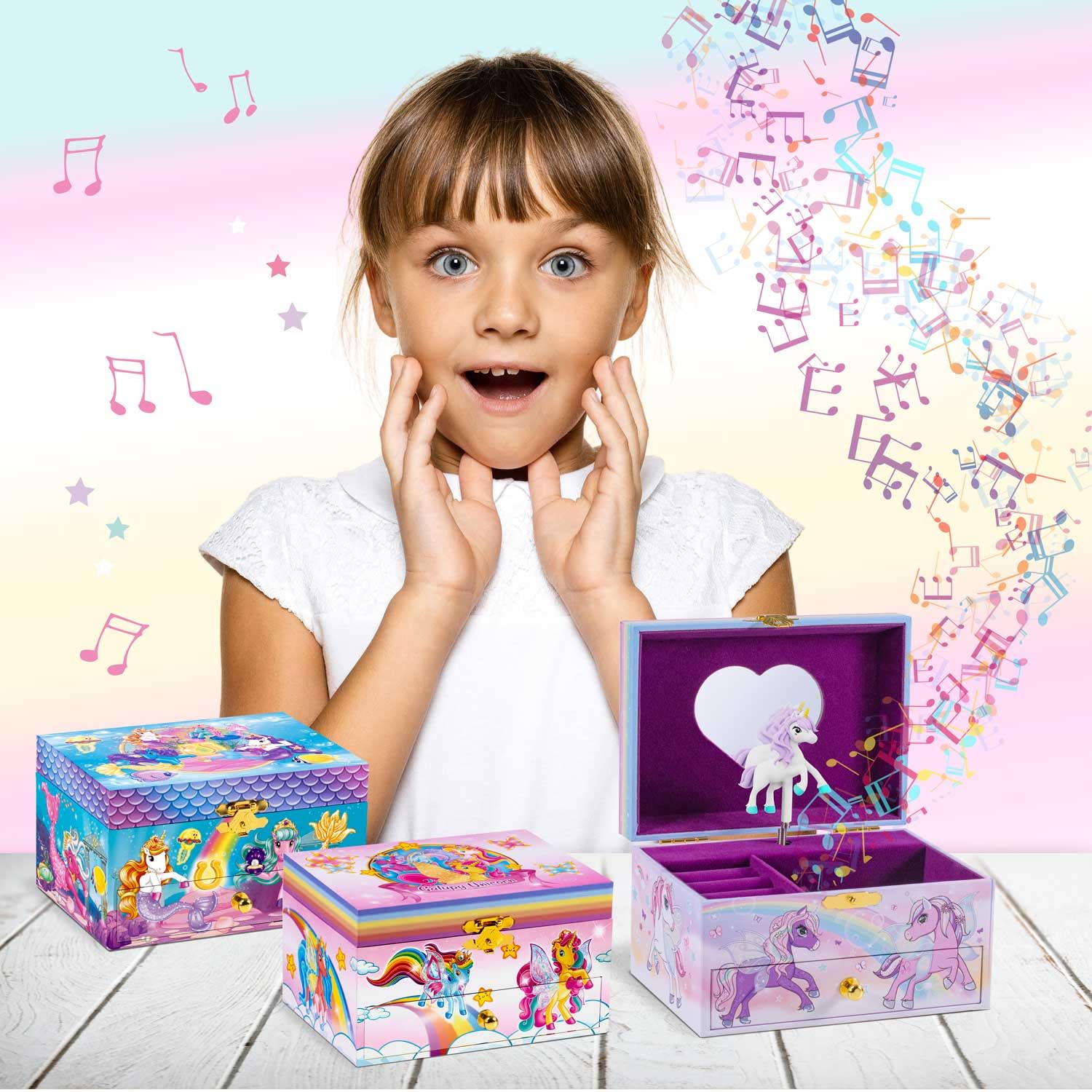 CRAZE Joyero Musical Niña Unicornio Caja de Música Cajón Extraíble Aterciopelado Espejo Unicornio Giratorio