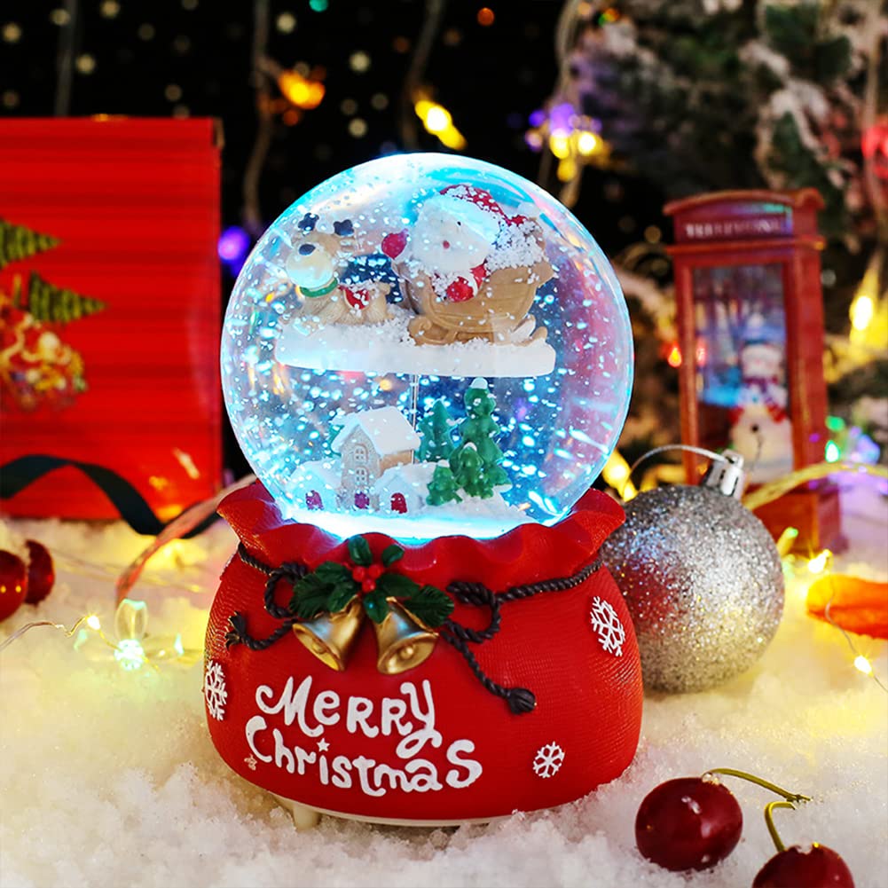 Jodsen Musical Palla di Vetro con Neve Snow Globe Santa Sledding Snow Globe Musicali Rossi con Luci a LED Mutevoli Giocate 8 Canzoni Decorazioni di Figurine Natalizie per Desktop Camera Letto Casa