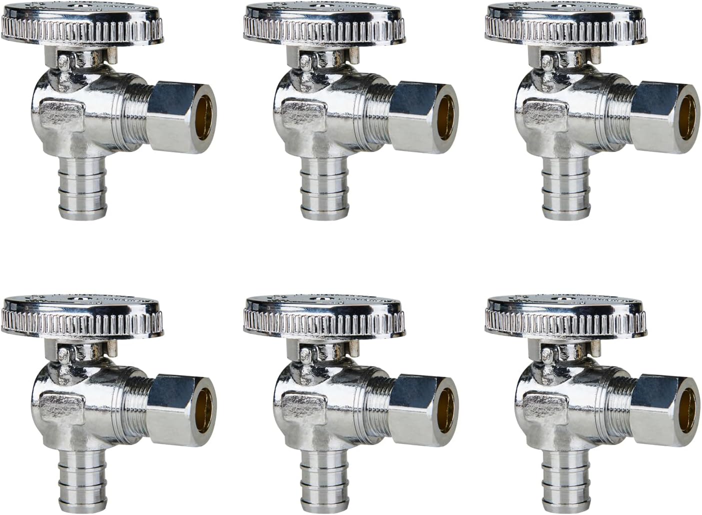SUNGATOR 6-Pack Angle Stop Valve, 1/2" PEX x 3/8" OD Compression, Quarter Turn Chrome Plated, 1/2 inch Pex Shut Off Valves for Faucet and Toilet, UPC Certified