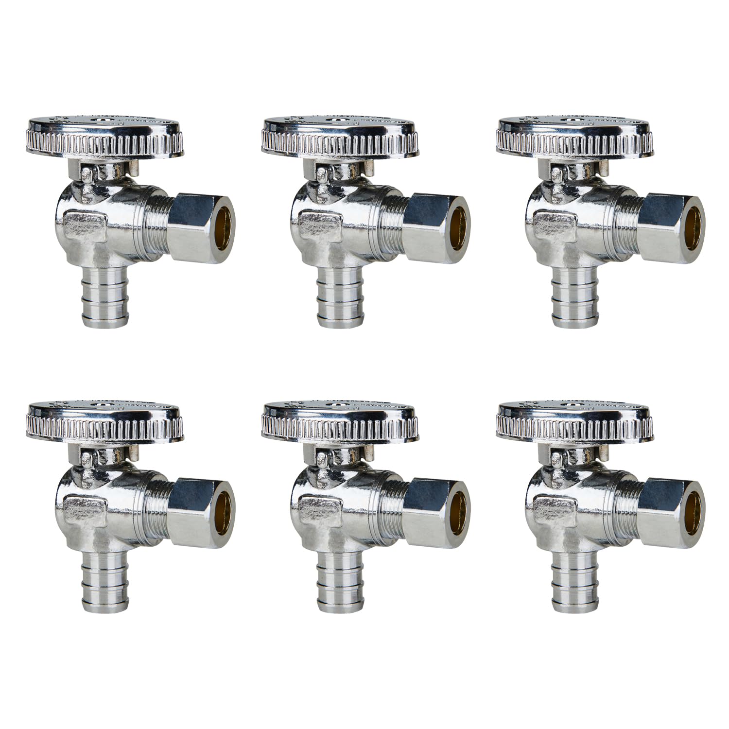 SUNGATOR 6-Pack Angle Stop Valve, 1/2" PEX x 3/8" OD Compression, Quarter Turn Chrome Plated, 1/2 inch Pex Shut Off Valves for Faucet and Toilet, UPC Certified