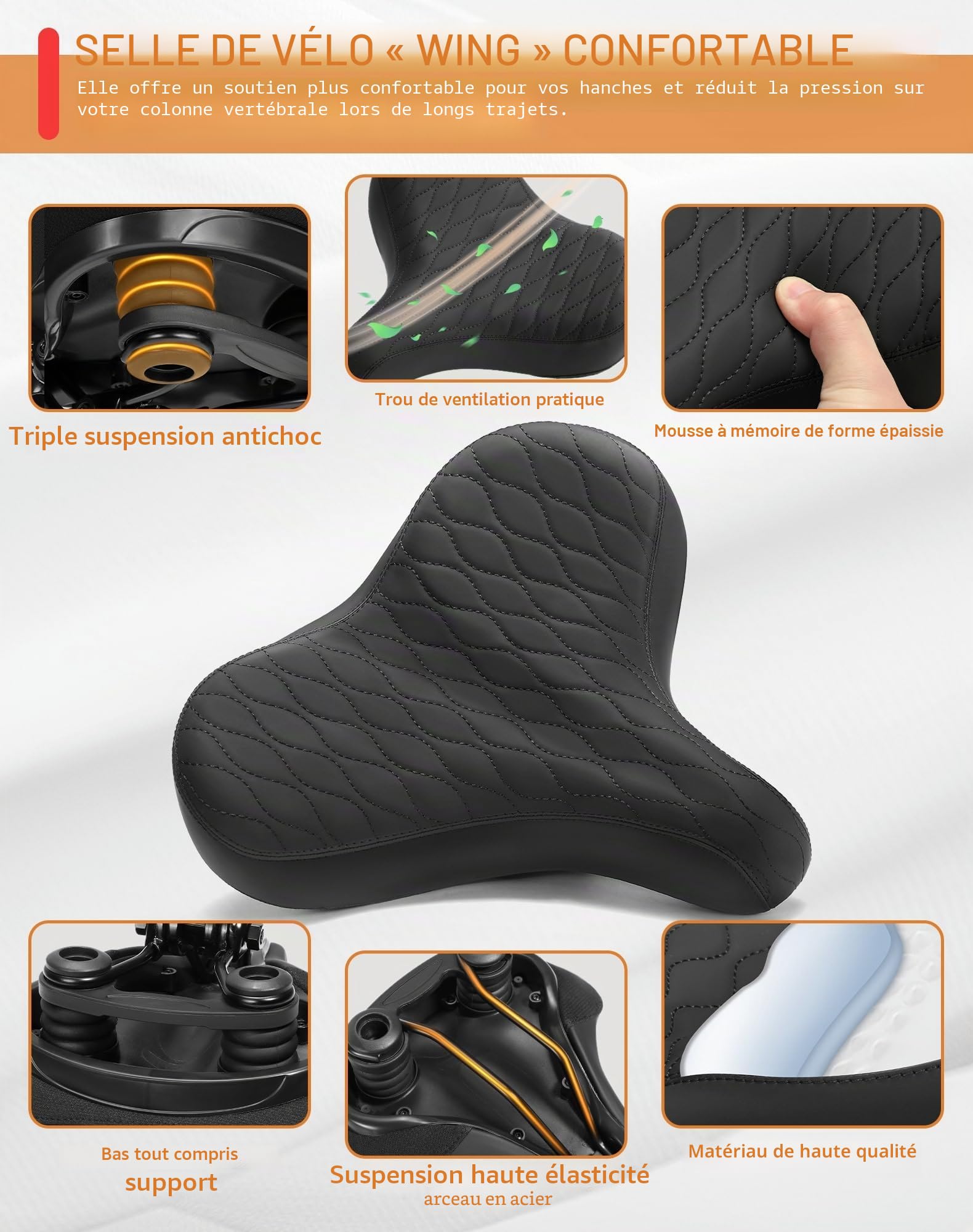 CDYWD Selle de Velo Ultra Confortable Homme et Femme, Extra Large, Épaississant, avec Suspension, Ergonomique Rembourrage Doux, Selle Confort Velo pour VTT, Vélo de Ville, Ebike, Vélo Stationnaire