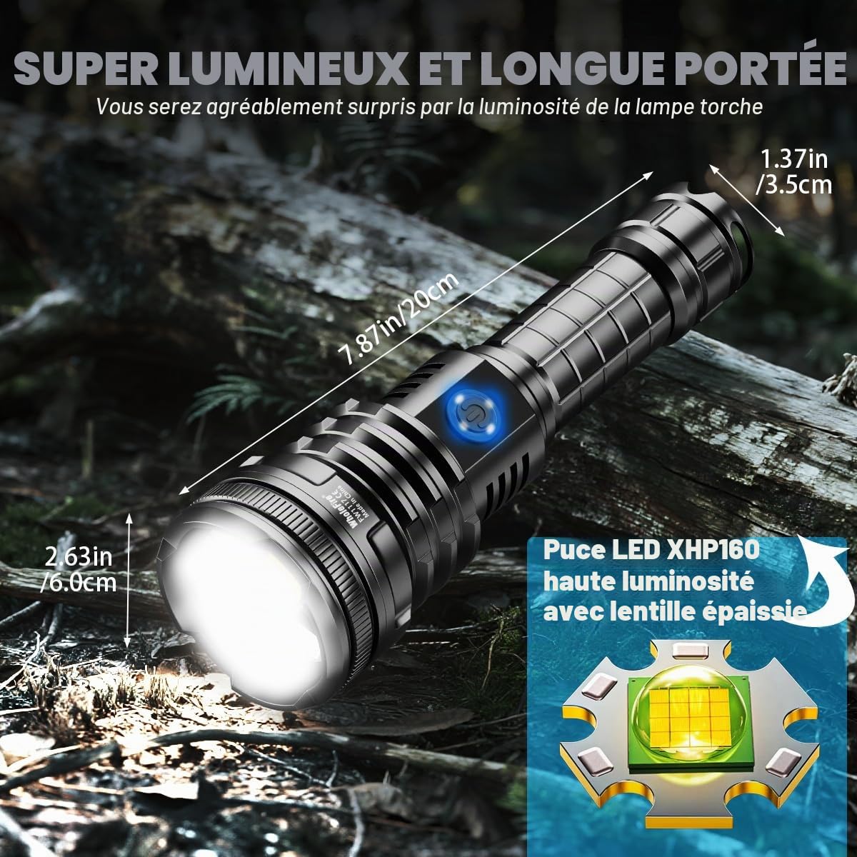 Lampe torche LED rechargeable de 90000 lumens,lampe torche | XHP160 puissante super,zoomable,étanche,5 modes USB pour camping,randonnée,plein air,urgence