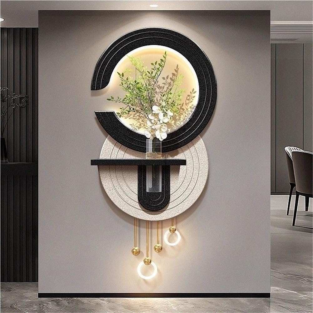 KDENMX Lighted Sandstone Wall Art with Vase, Plug-in Power Supply Modern Minimalist Wall Paintings for Foyer, Living Room, Hallway(Black,39.4x19.7in)