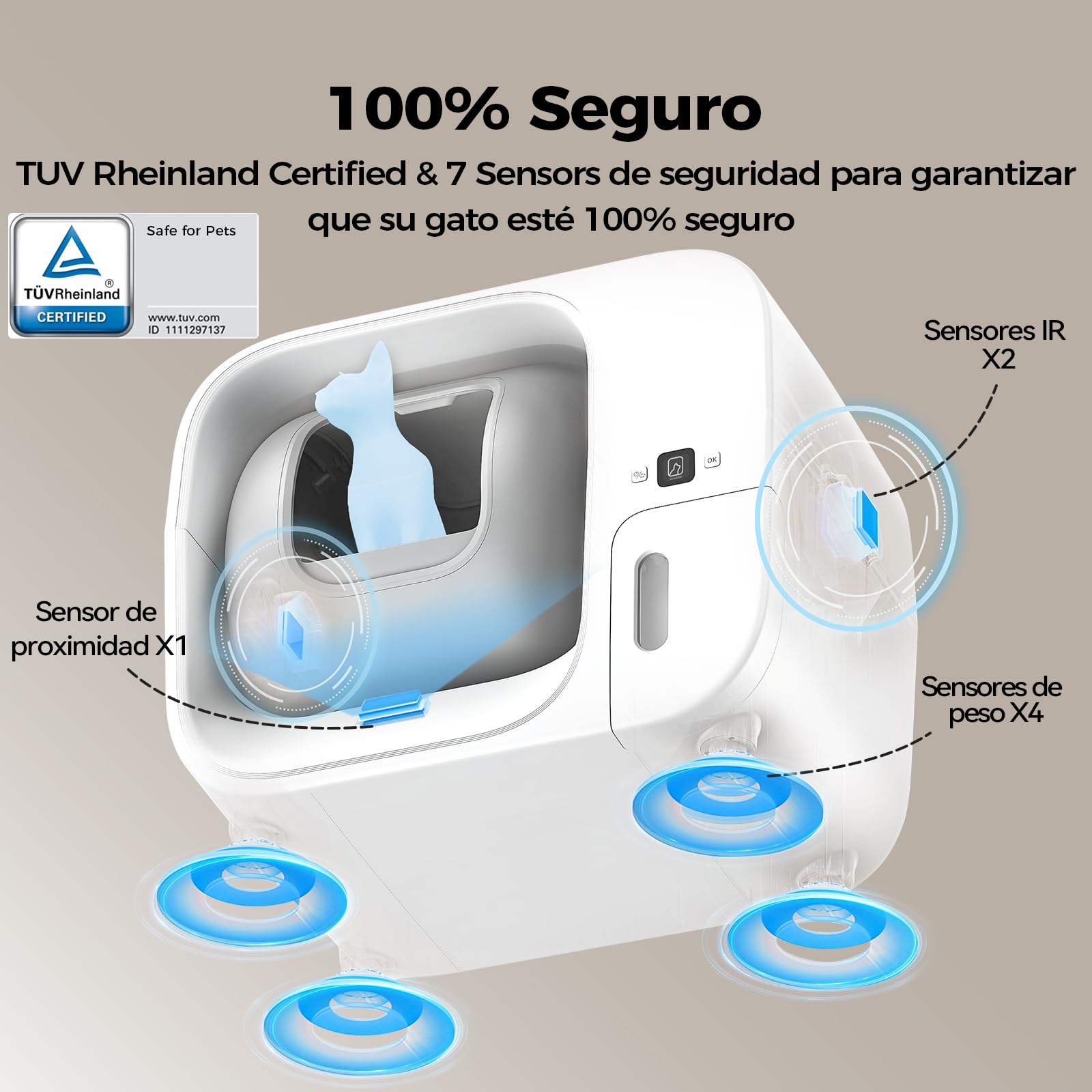 Arenero Gatos Autolimpiable, Cura 3 Arenero Autolimpiable para Gatos con Sistema de Empaquetado Automático, Certificación de Seguridad TUV (7 Sensores), Control de Olores y Funcionalidad de App
