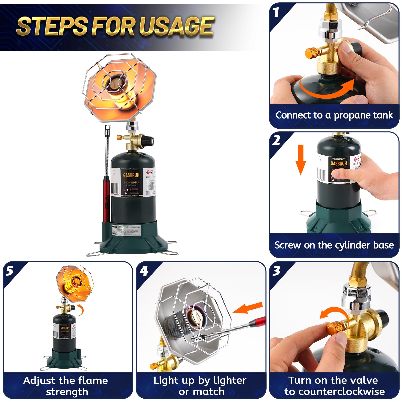 GasBRUH Portable Propane Heater with Windproof Lighter for Outdoor, Camping, Fishing, 6200BTU Outdoor Cordless Gas Heater for Camping,Hunting,Tents(TANK not Included) - 4
