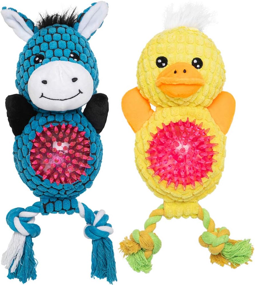 SCENEREAL Dog Squeaky Chew Toys - Donkey and Duck Model 2 Pack - Durable Interactive Plush Toy with Spike Ball and Rope for Teeth Cleaning, Puppy Teething Toys with Squeakers Inside