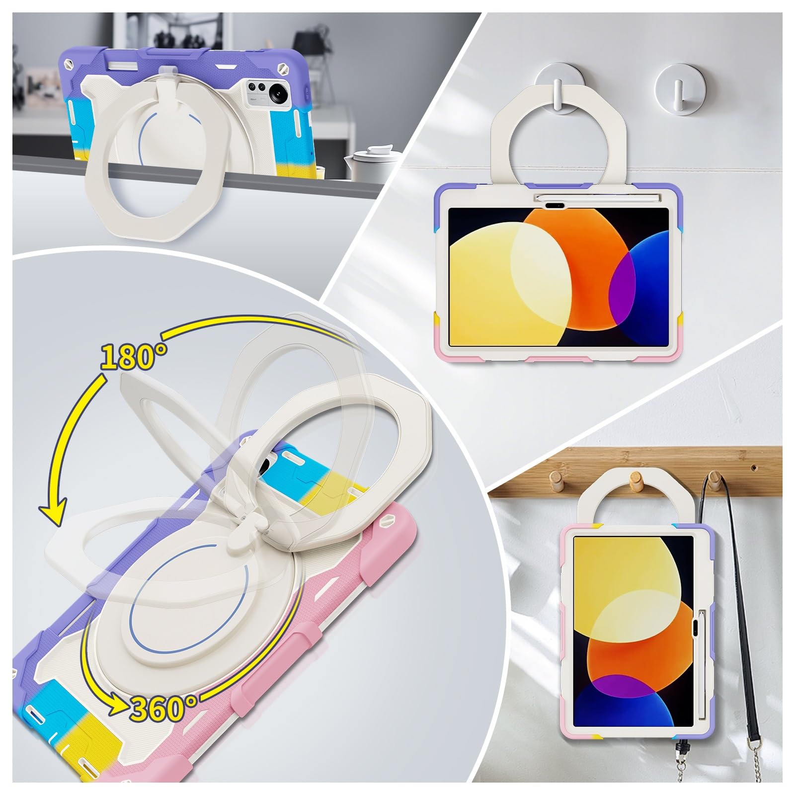 Custodia robusta per Xiaomi Mi Pad 5 Pro 12,4 pollici, supporto girevole a 360°, tracolla, portapenne e anello di presa, copertura antiurto per bambini e adulti (rosa viola)