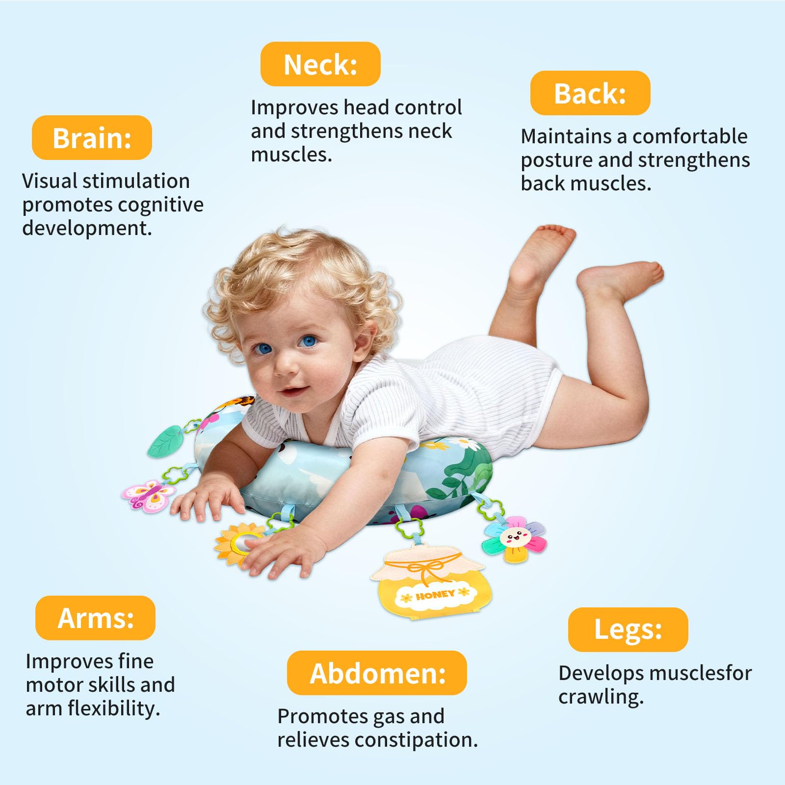 Ape Baby Tummy Time, cuscino per bambini, giocattolo sensoriale con specchio di girasole rimovibile, vaso di miele, tasca con cerniera per bambini da 0 a 24 mesi